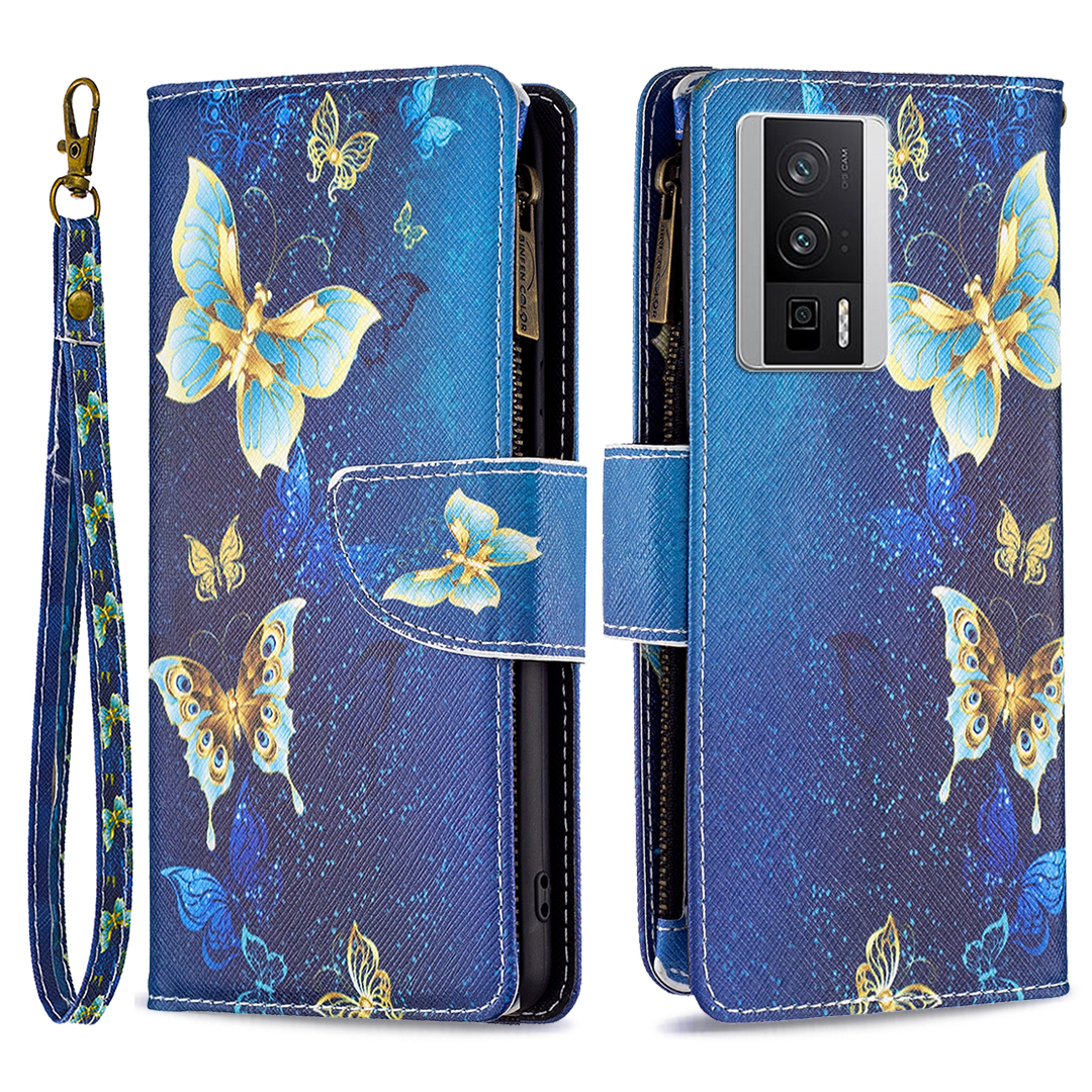 

Für Xiaomi Redmi K60 5G / K60 Pro 5G BF03 Reißverschluss Brieftasche Hülle PU Leder Muster Ständer Cover - Goldene Schmetterlinge, Xiaomi Redmi K60 5G