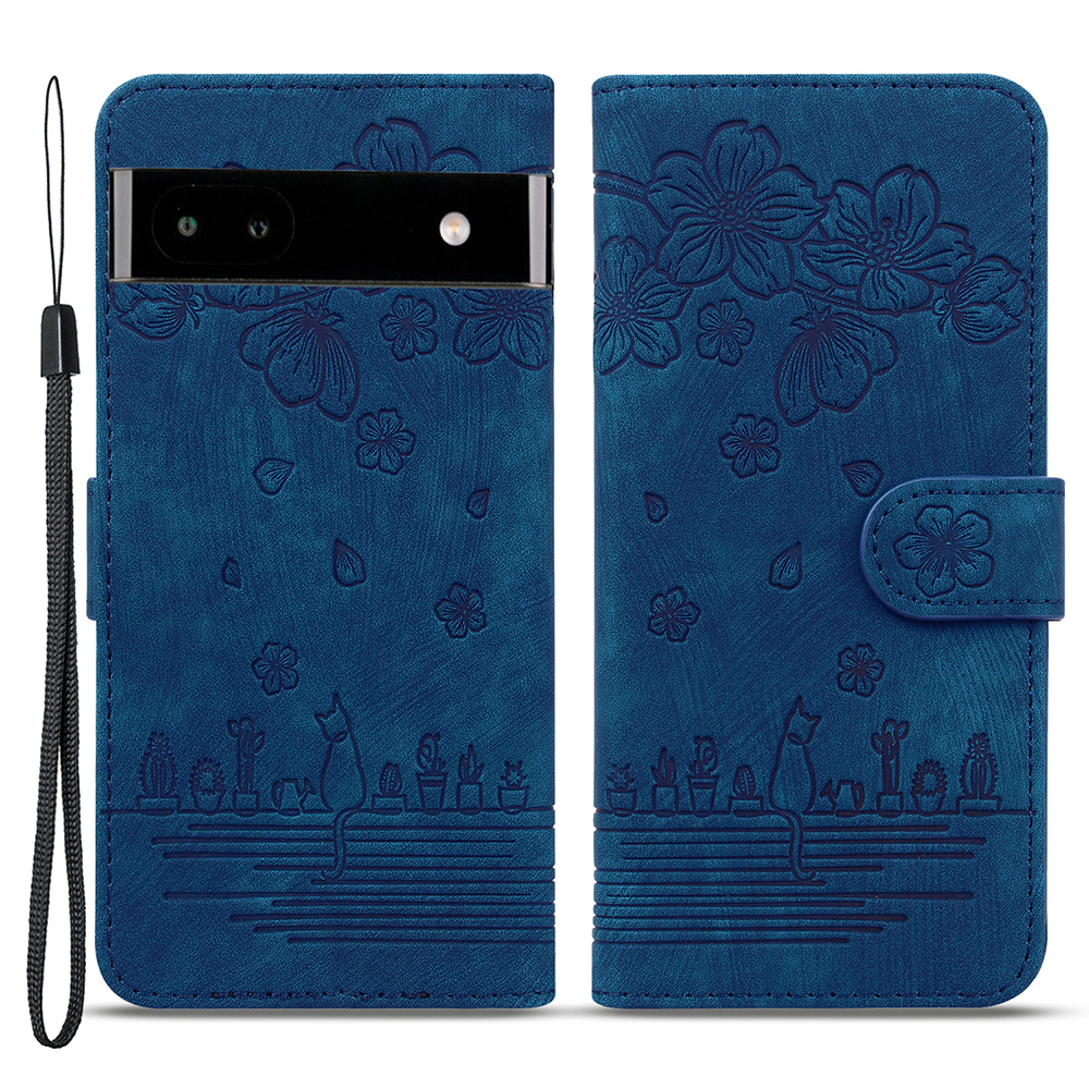 

Für Google Pixel 7a Eingeprägte Katze PU -leder -schockdosenhülle Phone Stand Wallet Wallet Cover Mit Handgurt - Blau, Google Pixel 7a