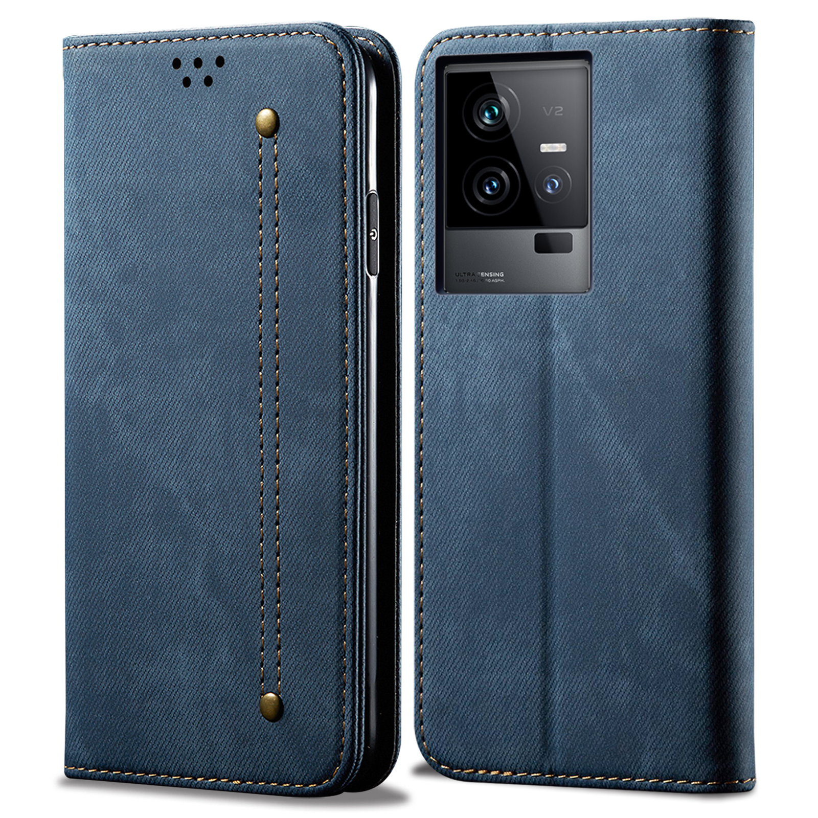 

Mobiltelefone Stand Hülle Für Vivo Iqoo 11 5G, PU Leder Jeans Stoff Texturständer Telefon Brieftasche Abdeckung - Blau, vivo iQOO 11 5G
