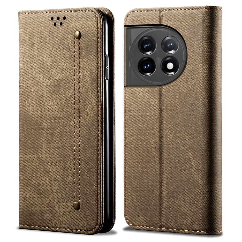 

Telefon Brieftasche Ledertasche Für OnePlus 11r 5G, Jeans Stoff Texturständer Cover - Khaki, OnePlus 11R 5G