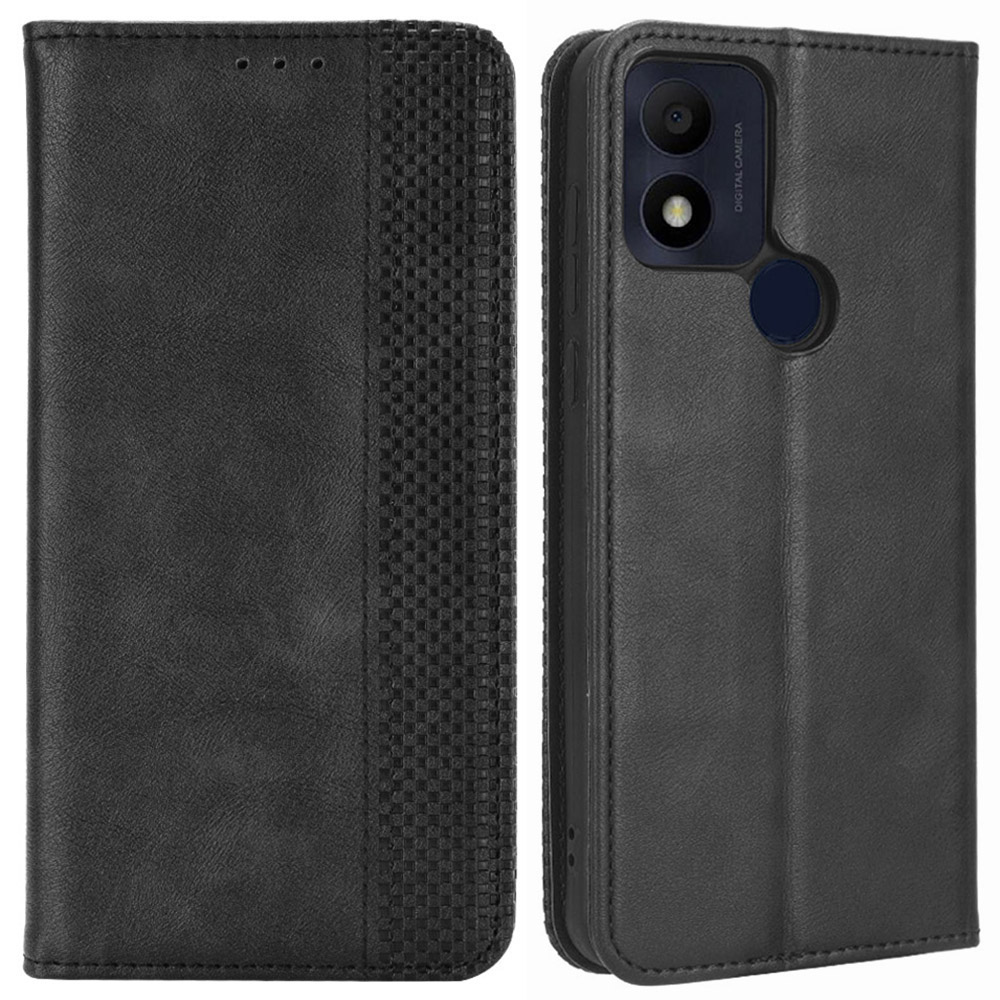 For TCL 305i (Fingerprint Version) Retro Texture Phone Case  PU Leather Stand Wallet Cellphone Cover - Black