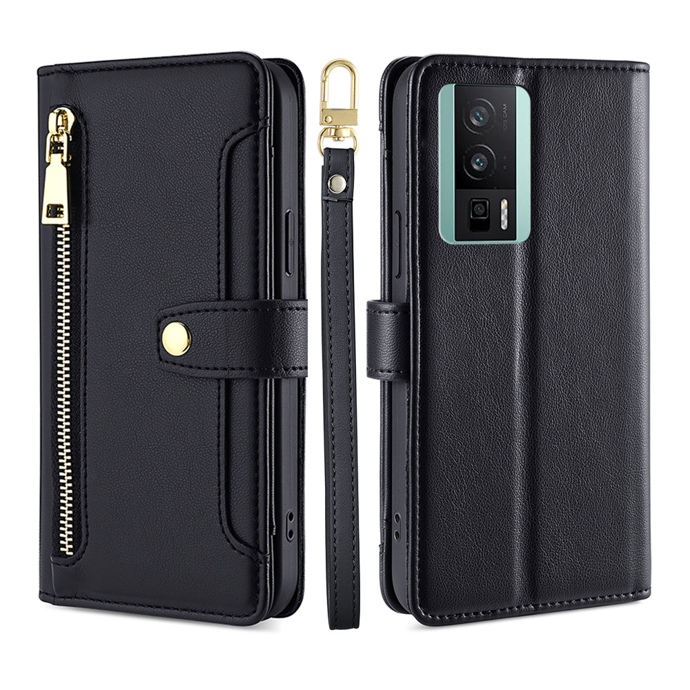 

Telefonleder -hülle Für Xiaomi Redmi K60 Pro 5G / K60 5G, Reißverschluss Pocket Card Slots Telefonständer Abdeckung Mit Handgelenksgurt Und Schultergurt - Schwarz, Xiaomi Redmi K60 Pro 5G
