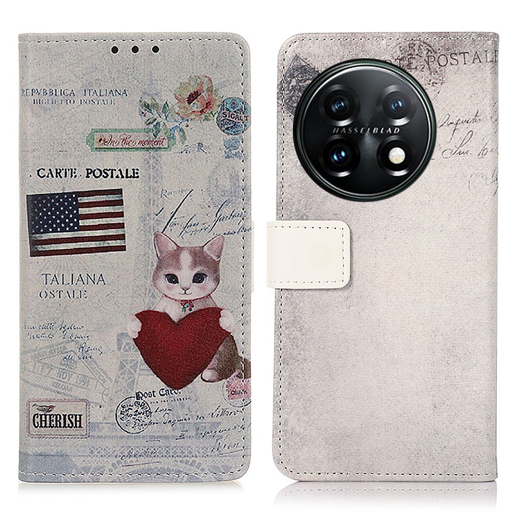 

Für OnePlus 11 5G Muster Druckphase PU Leder -ständer Brieftasche Flip Cover - Katze Und Herz, OnePlus 11 5G