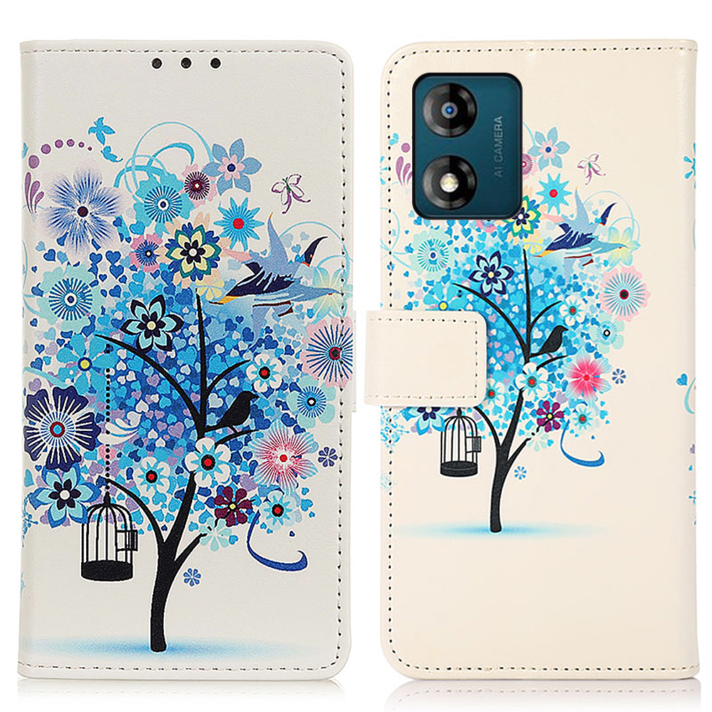 

Telefonständer Gehäuse Für Motorola Moto E13 4G, Musterdruck Brieftasche Telefonlederabdeckung - Blauer Baum, Motorola Moto E13 4G