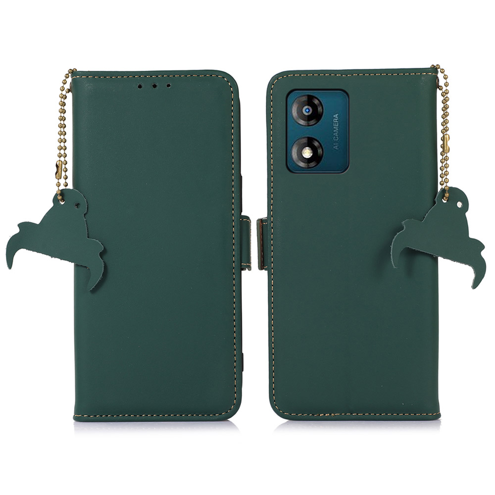 

Für Motorola Moto E13 4G RFID Blocking Phone Case Echte Kuh Leder Brieftasche Telefonständer Cover - Grün, Motorola Moto E13 4G