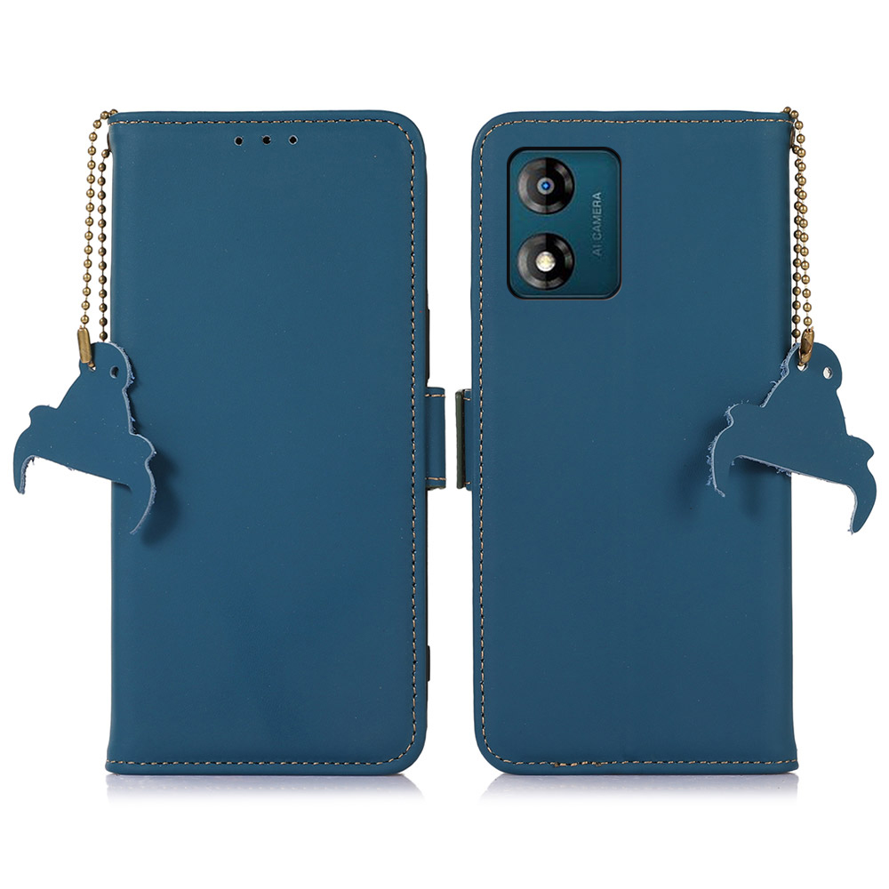 

Für Motorola Moto E13 4G RFID Blocking Phone Case Echte Kuh Leder Brieftasche Telefonständer Cover - Blau, Motorola Moto E13 4G
