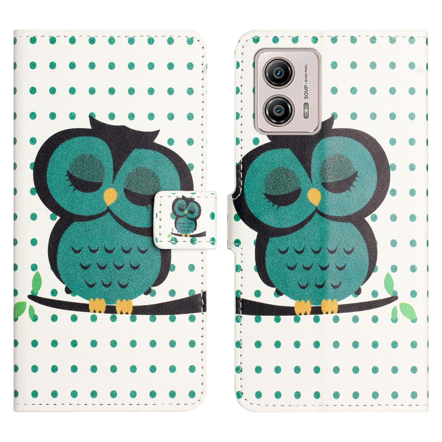 

Für Motorola Moto G73 5G PU Leder Telefon Brieftaschen -hülle Musterdruckständer Handyabdeckung - Punkte / Eule, Motorola Moto G73 5G