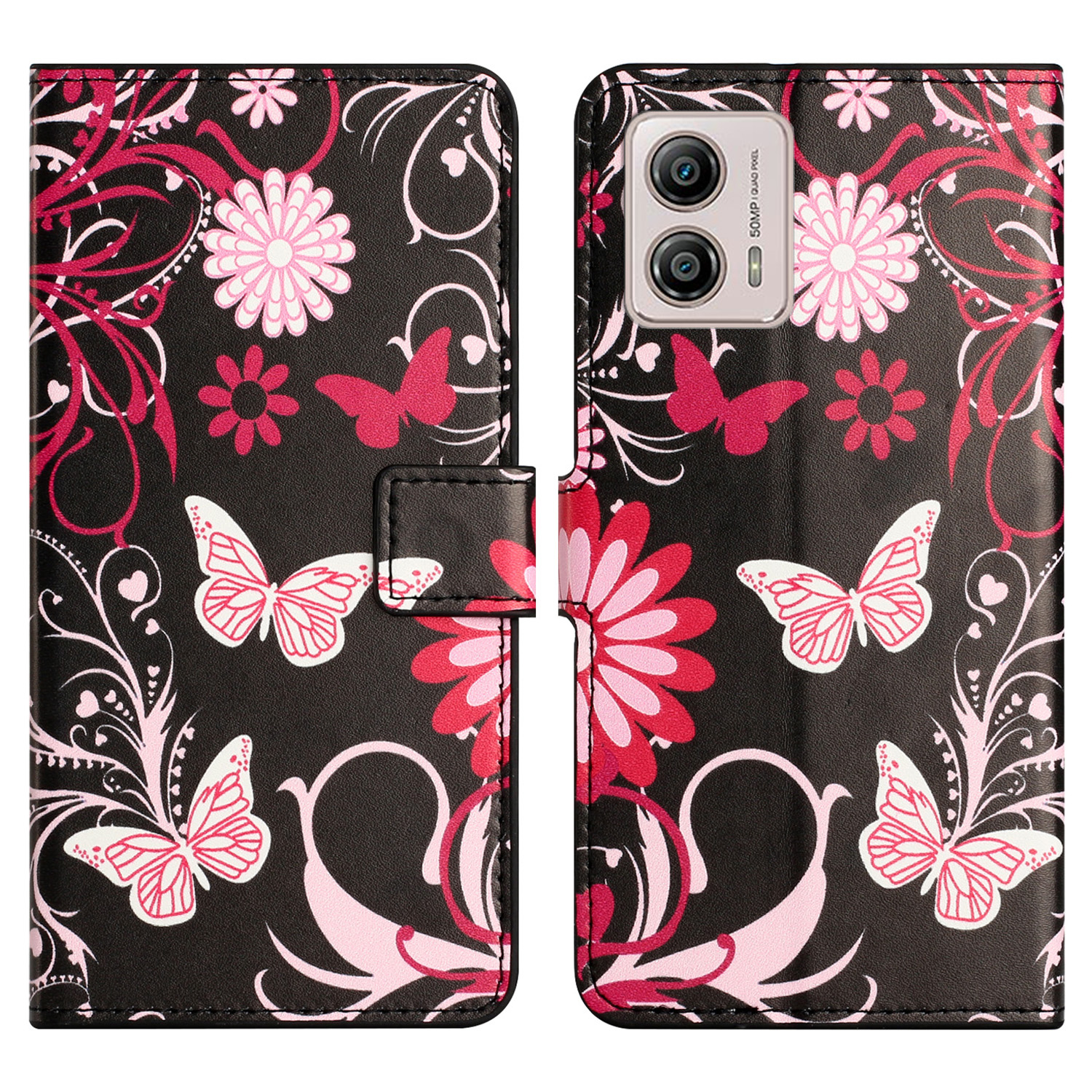 

Für Motorola Moto G73 5G PU Leder Telefon Brieftaschen -hülle Musterdruckständer Handyabdeckung - Schwarz / Schmetterlinge, Motorola Moto G73 5G