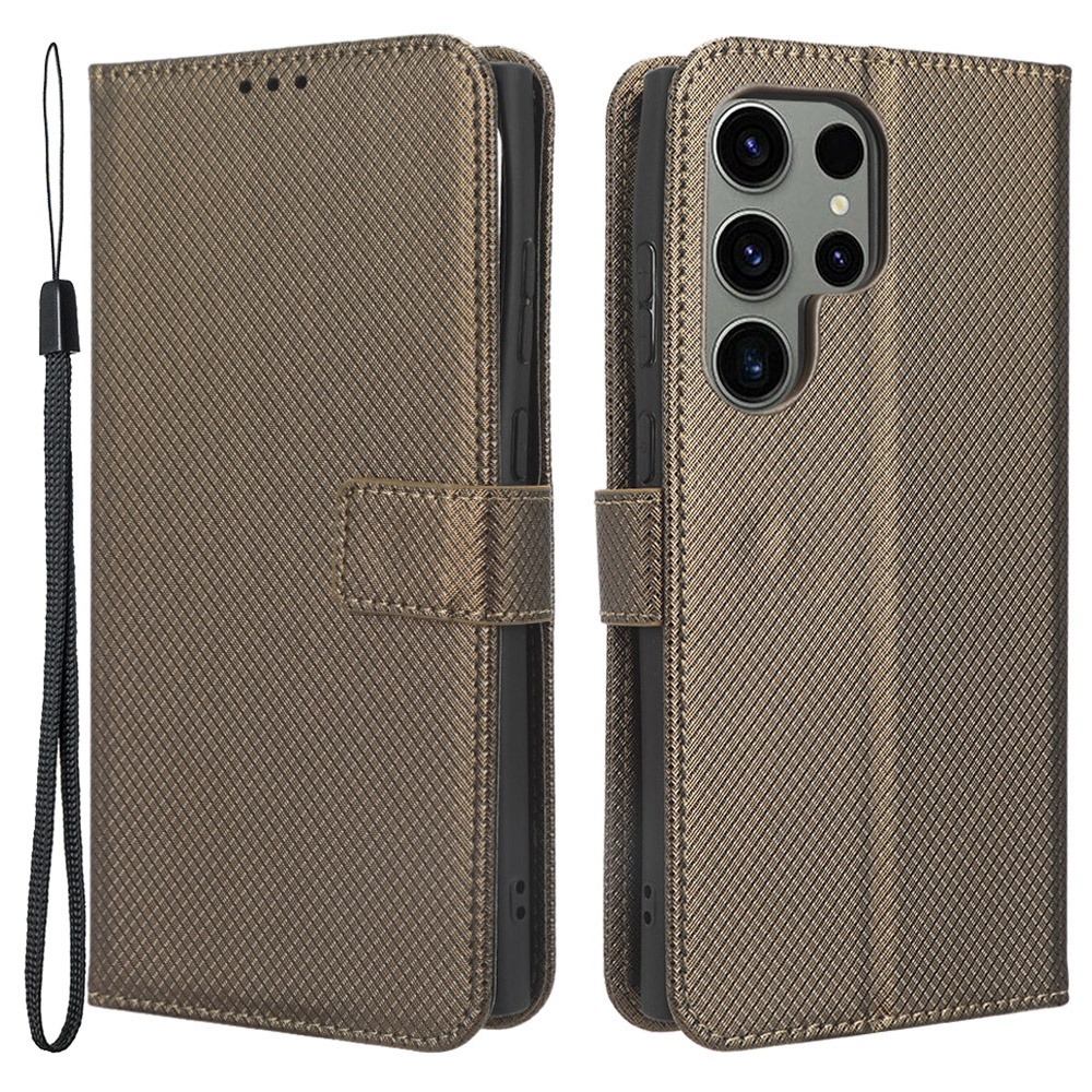 

For Samsung Galaxy S23 Ultra Multipurpose Wallet Phone Stand PU Leather+TPU Phone Case Diamond Texture Phone Cover - Brown, Galaxy S23 Ultra