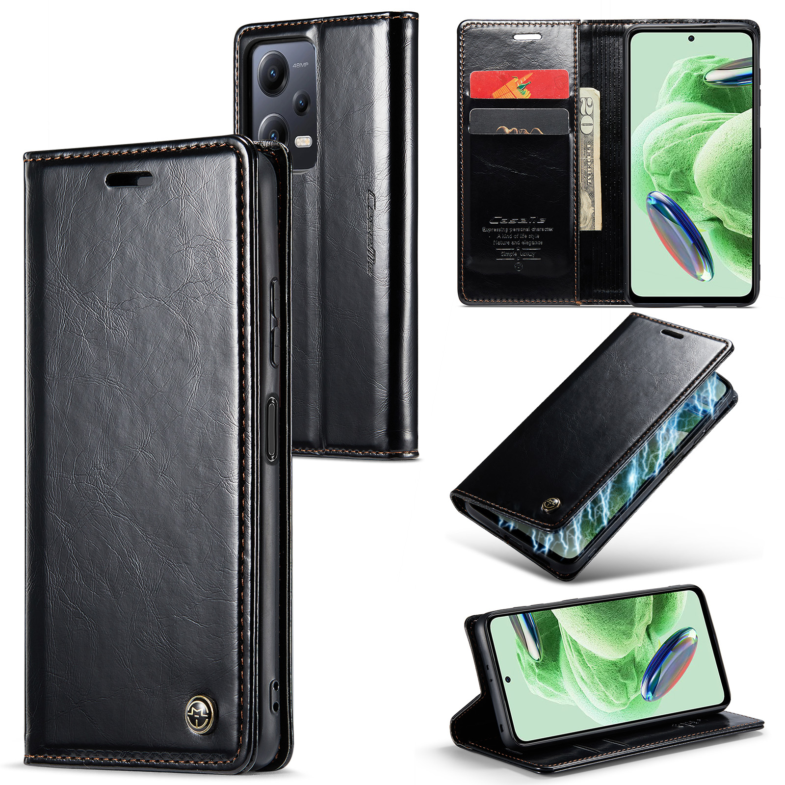 

Caseme 003 -serie Für Xiaomi Redmi Note 12 5G / Anmerkung 12 5G (China) / Poco X5 5G PU Leder Brieftasche Stand Cover Waxy Texture Phone Hülle - Schwarz, Xiaomi Redmi Note 12 5G (India)
