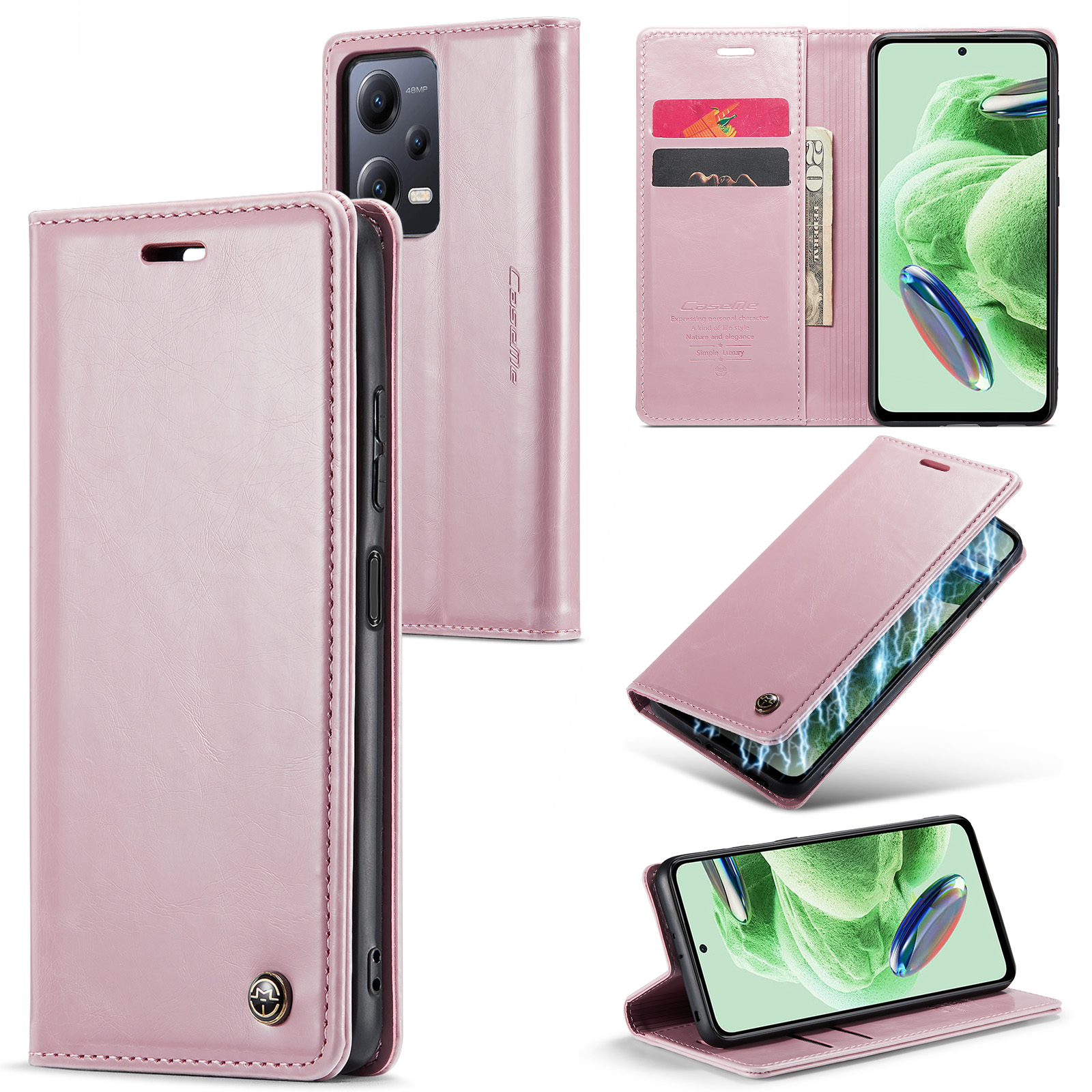 

Caseme 003 -serie Für Xiaomi Redmi Note 12 5G / Anmerkung 12 5G (China) / Poco X5 5G PU Leder Brieftasche Stand Cover Waxy Texture Phone Hülle - Rosa, Xiaomi Redmi Note 12 5G (India)