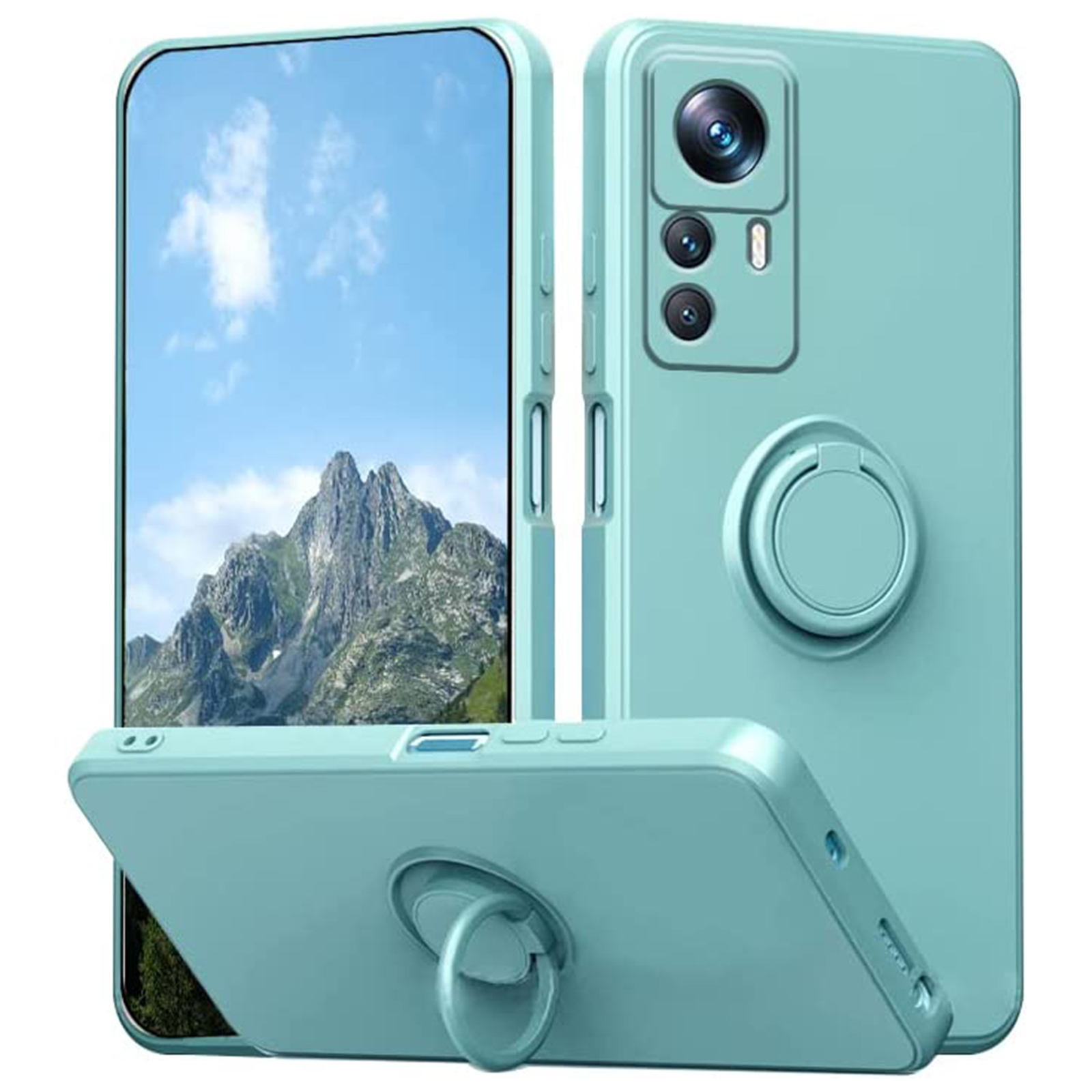 

Für Xiaomi 12T 5G / Redmi K50 Ultra 5G Ring Kickstand Flüssige Silikon -handy -handy -handyabdeckung Mit Lanyard - Cyan, Xiaomi 12T 5G