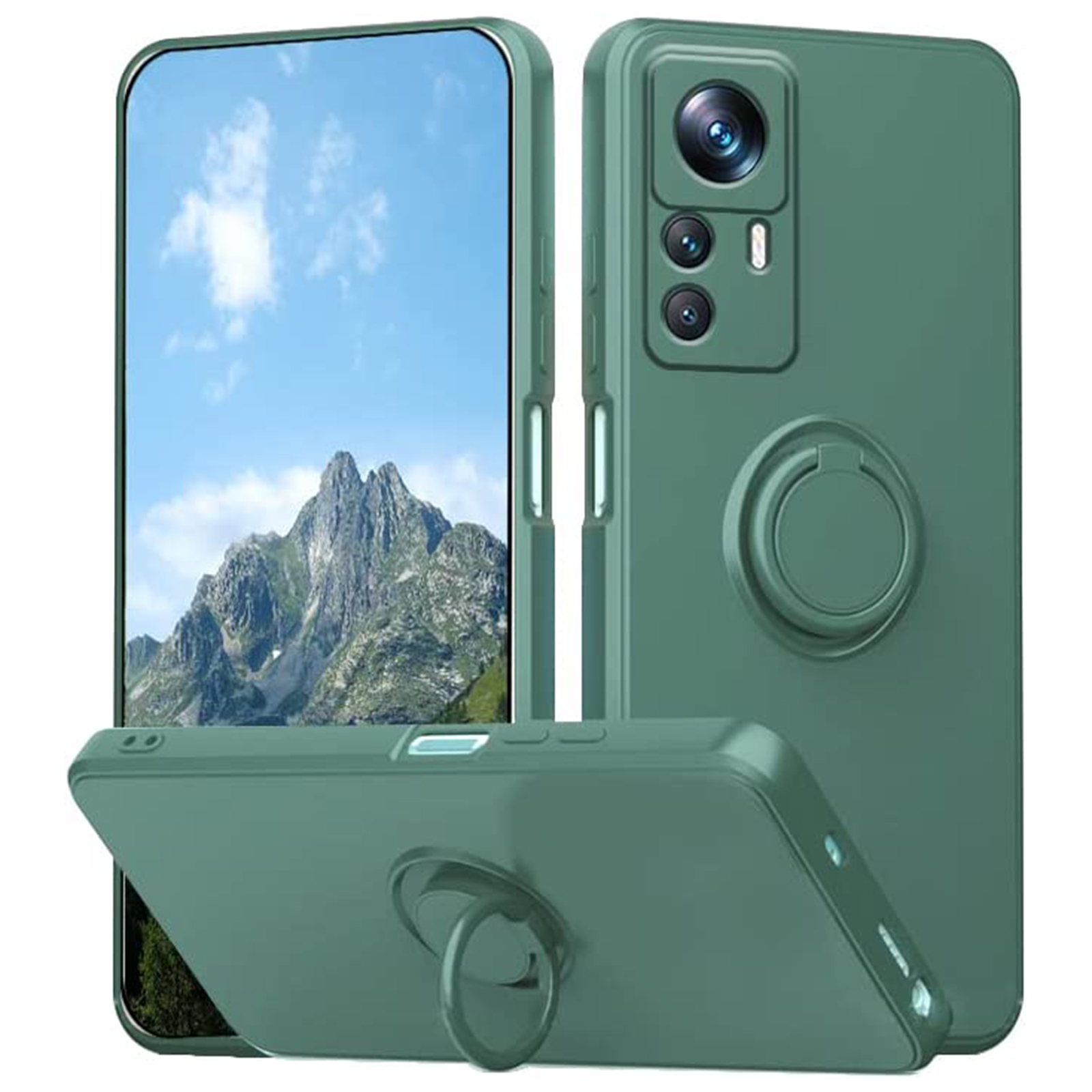

Für Xiaomi 12T 5G / Redmi K50 Ultra 5G Ring Kickstand Flüssige Silikon -handy -handy -handyabdeckung Mit Lanyard - Dunkelgrün, Xiaomi 12T 5G