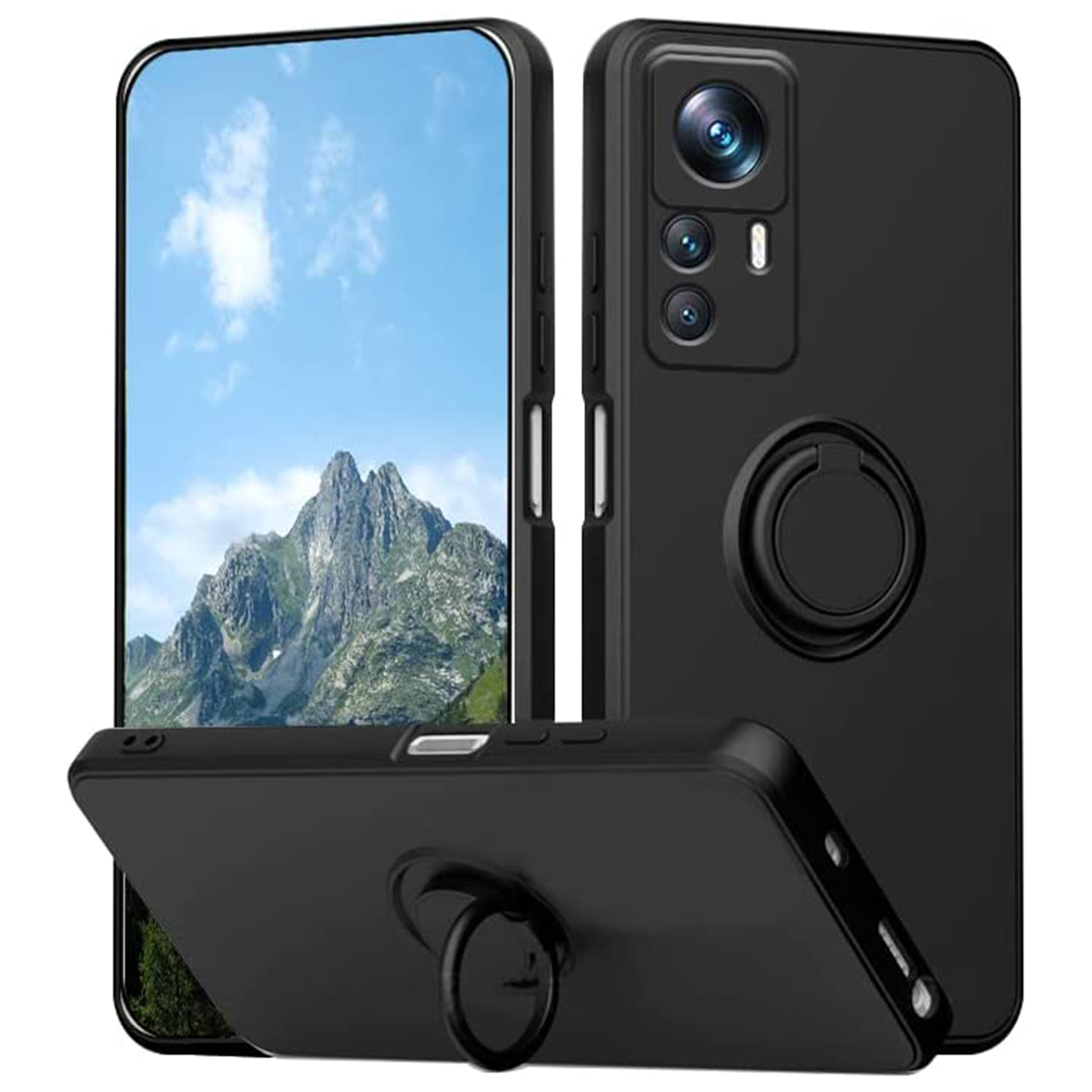 

Für Xiaomi 12T Pro 5G Ring Kickstand Telefonkoffer Flüssiges Silikon -schutzhülle Mit Lanyard - Schwarz, Xiaomi 12T Pro 5G
