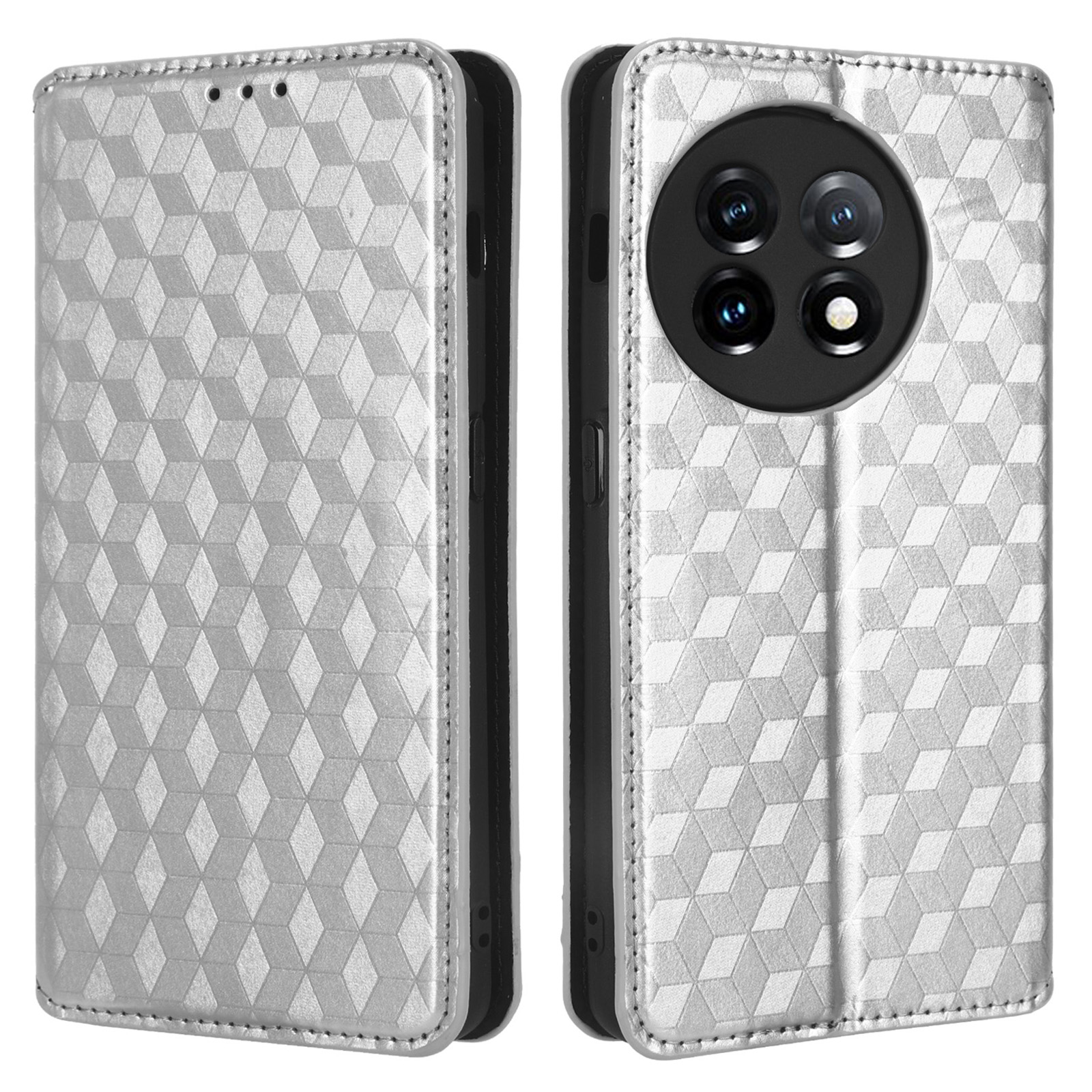 

Für OnePlus 11 5G Anti-kratzer-schutzhülle Hülle Brieftasche Geprägtes Rhombusmuster PU Leder Telefonabdeckung - Silber, OnePlus 11 5G