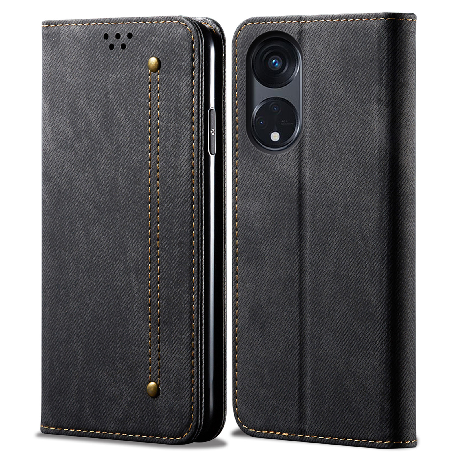 

Telefonkoffer Für Oppo Reno8 T 5G / A1 Pro 5g Jeans Stoff Textur Ständer Brieftasche Leder Telefonabdeckung - Schwarz, Oppo Reno8 T 5G