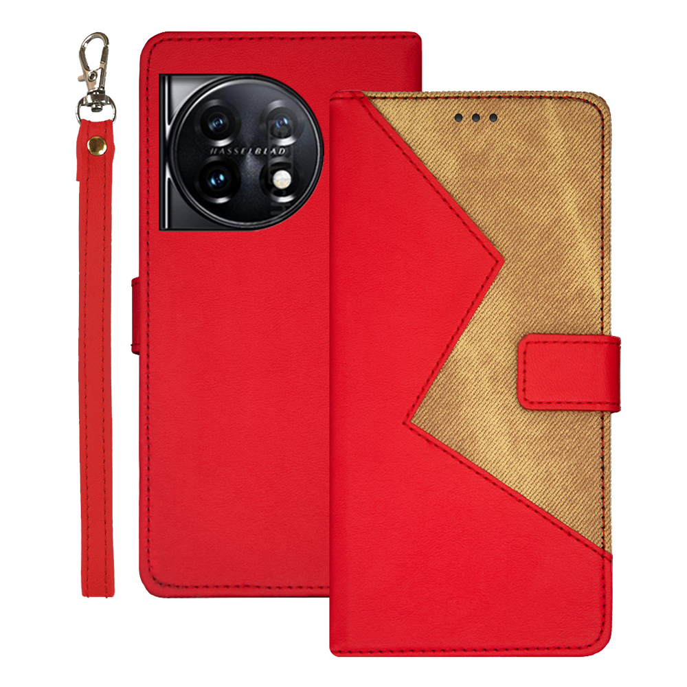 

IDEWEI Für OnePlus 11 5G Farbspleißen Ledermagnetabdeckung Telefonhülle Mit Kartenschlitzen Und Handgelenksgurt - Rot, OnePlus 11 5G