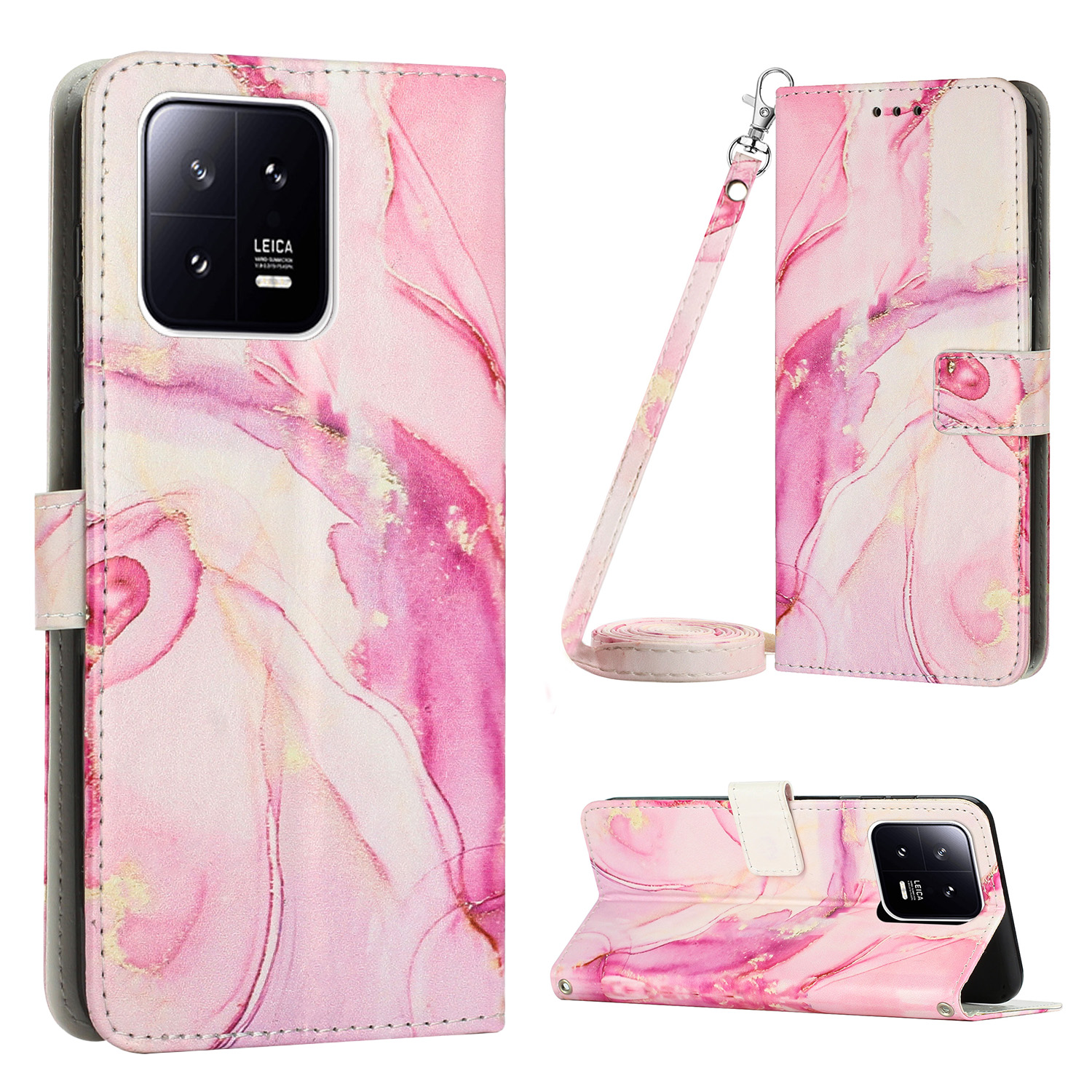 

Für Xiaomi 13 5G Telefonhülle Marmormuster Ständer Brieftasche Leder -mobiltelefonabdeckung Mit Schultergurt - Roségold, Xiaomi 13