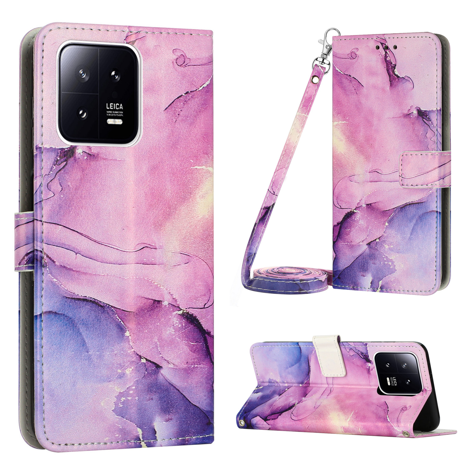 

Anti-drogen-telefonhülle Für Xiaomi 13 Pro 5G Lederständer Brieftaschen-marmormusterabdeckung Mit Schultergurt - Lila, Xiaomi 13 Pro 5G
