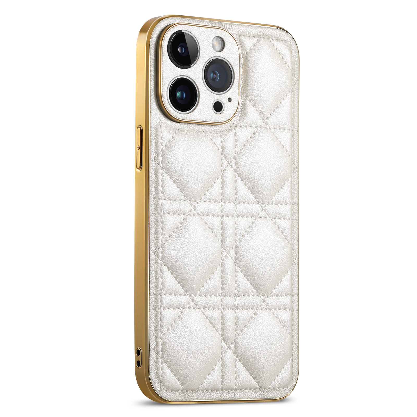 

SUTENI For iPhone 14 Pro Max Rhombus Design Skin-touch PU Leather Coated TPU+PC Phone Case Electroplating Drop-proof Cover - White, iPhone 14 Pro Max