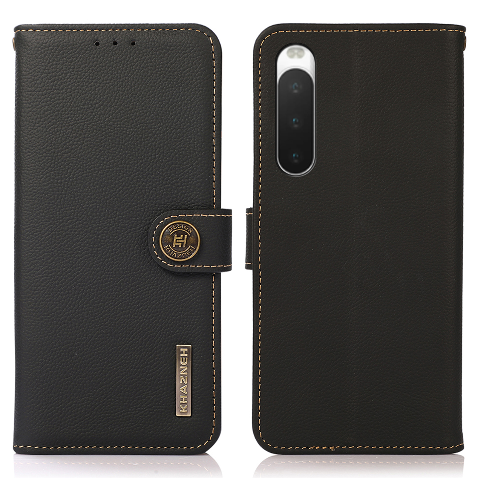 

Khazneh Für Sony Xperia 10 IV 5G RFID Blockierende Telefonhülle Wallet Stand Echtes Kuhlederabdeckung - Schwarz, Sony Xperia 10 V