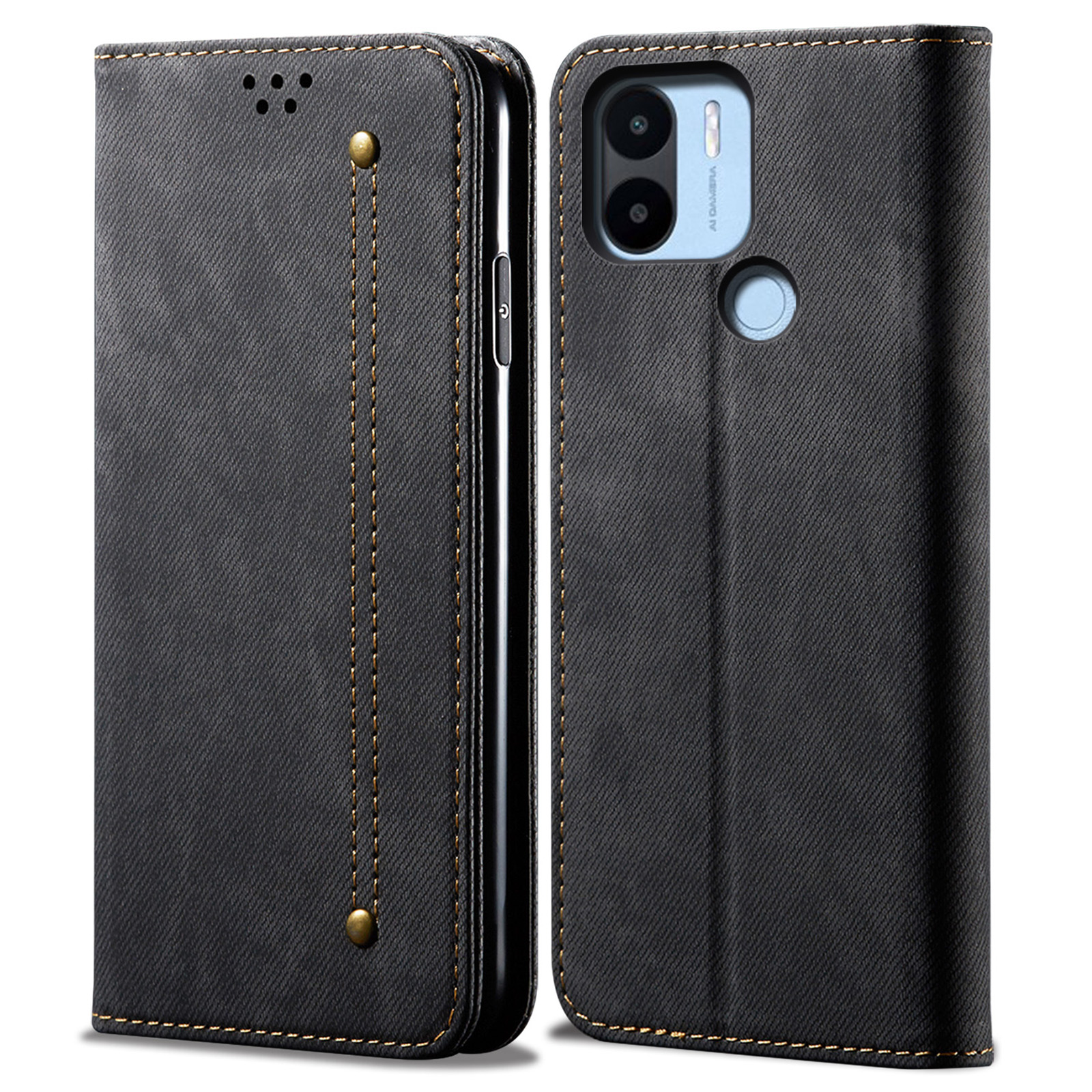 

Für Xiaomi Poco C50 4G Jeans Stoff Texture Telefon Hülle Brieftasche Lederschockdelie Telefonabdeckung - Schwarz, Xiaomi Poco C50 4G