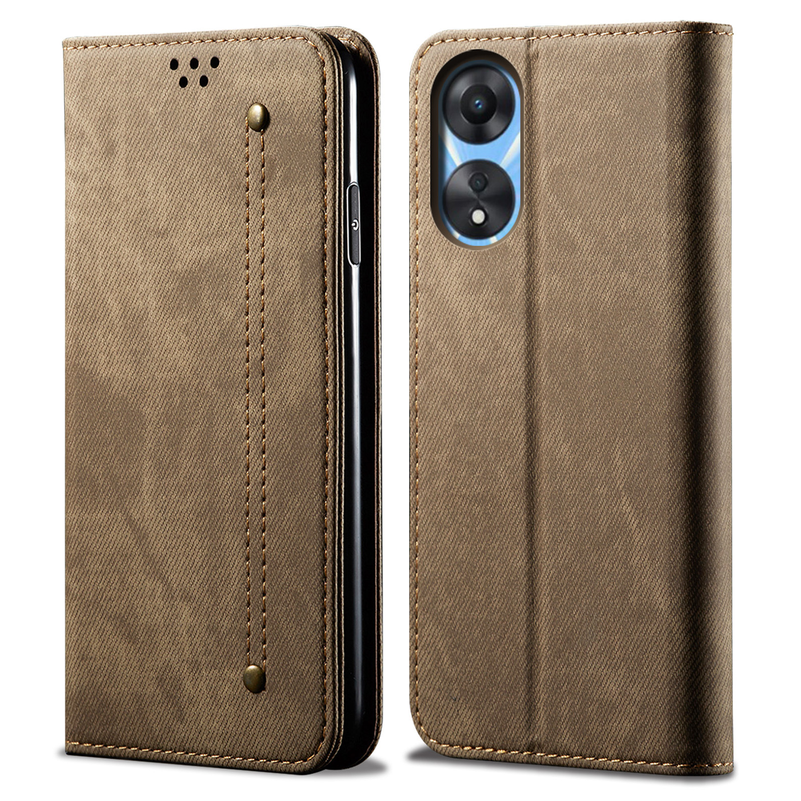 

Leder Handyabdeckung Für Oppo A78 5G / A58x 5G / A58 5g, Jeans Stoff Textur Schutzhülle Stand Wallet Wallet - Khaki, Oppo A78 5G
