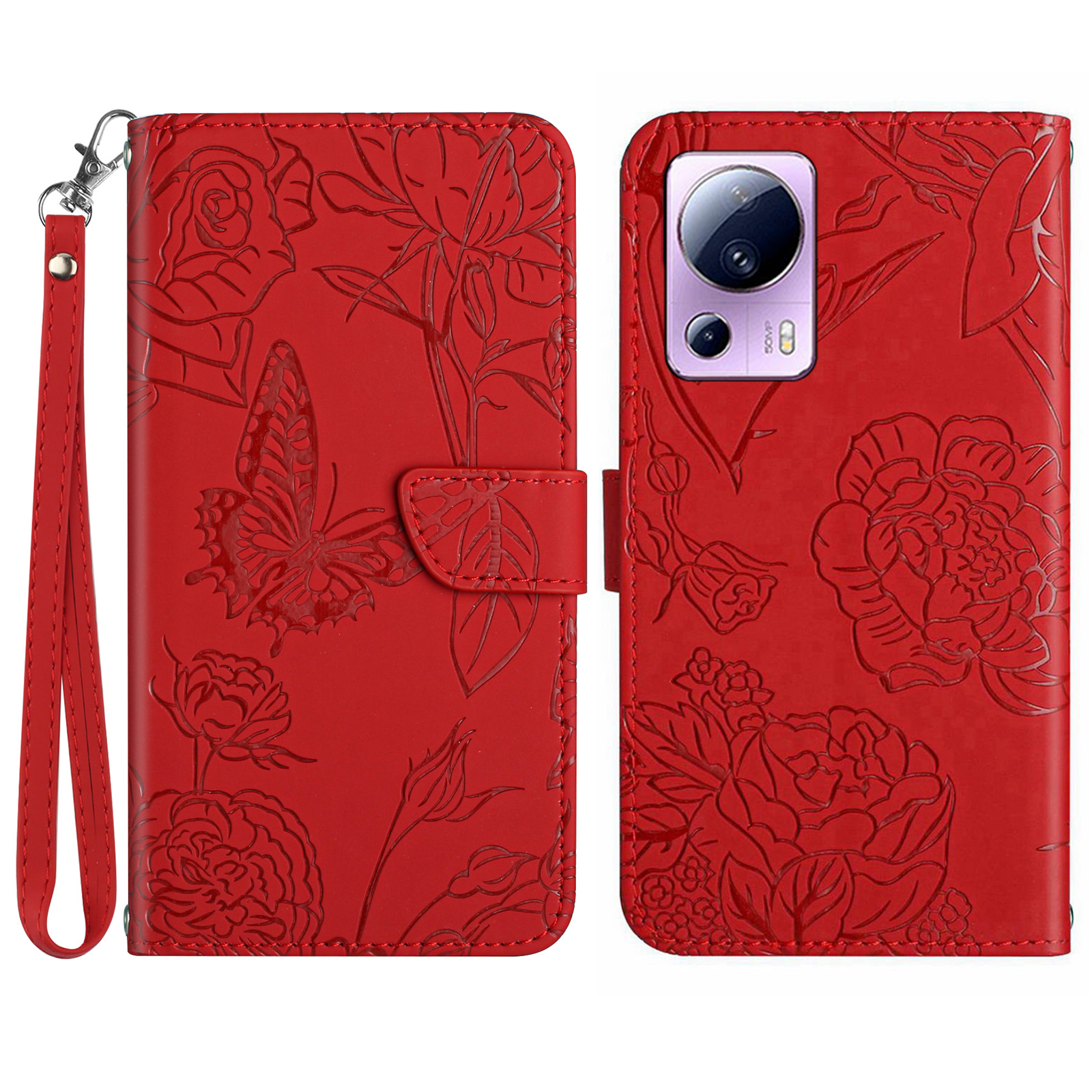 HT03 For Xiaomi 13 Lite Civi 2 Imprinted Butterfly Flowers Skin-friendly Shockproof Phone Cover Stand with Hand Strap - Red
