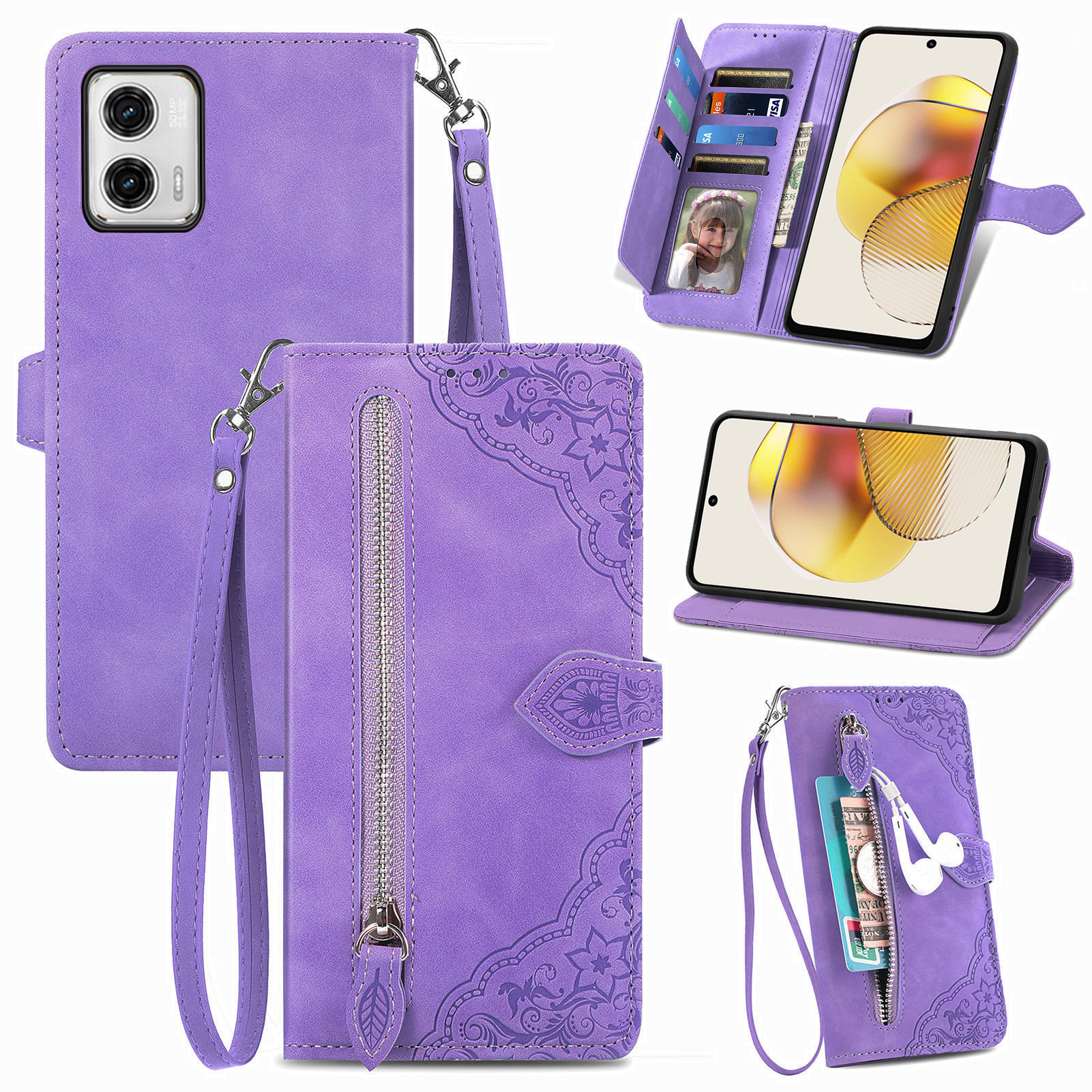 

Stoßdichtes Telefongehäuse Für Motorola Moto G73 5G Reißverschluss -taschenblume Eingeprägte Lederständer Brieftasche Abdeckung - Helles Lila, Motorola Moto G73 5G