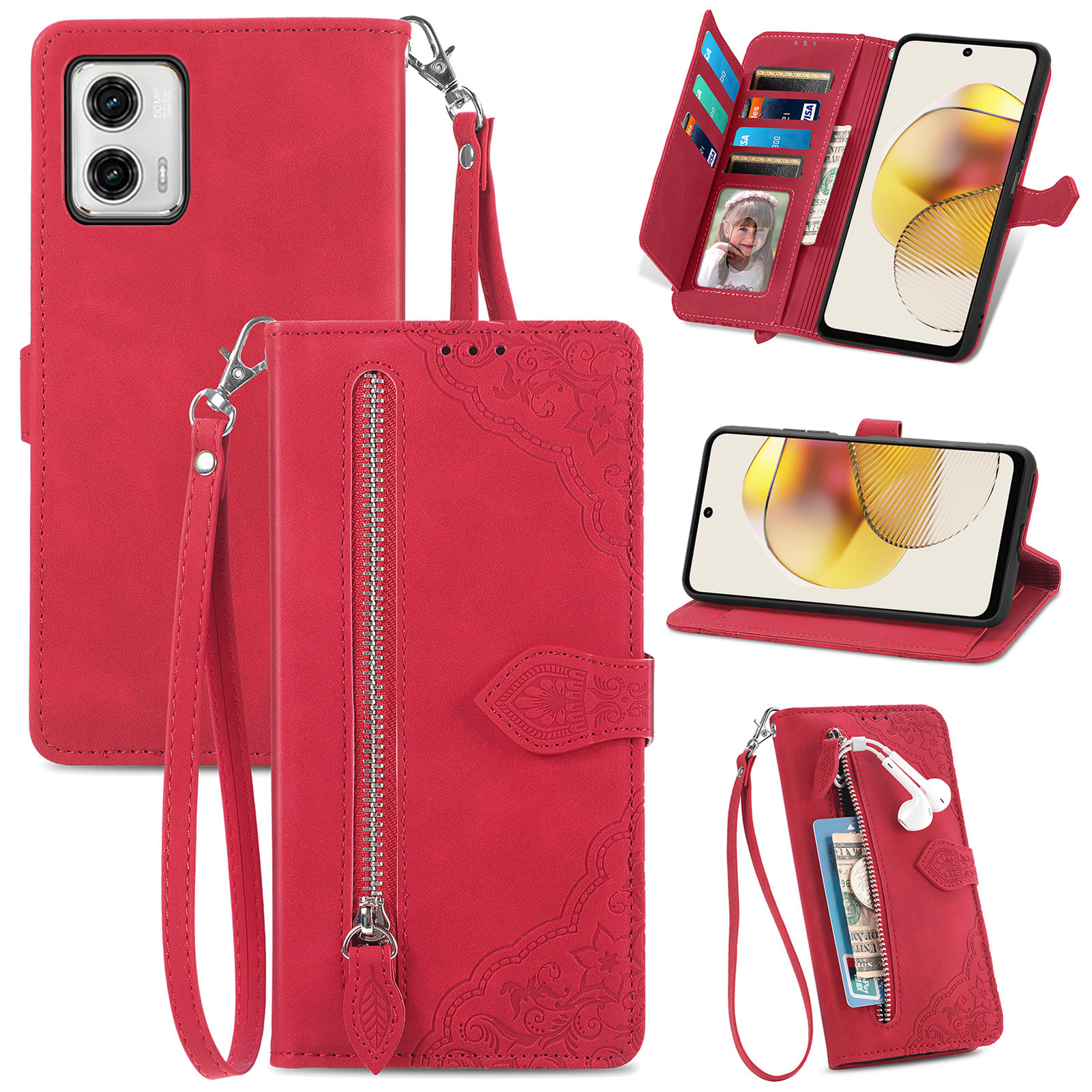 

Stoßdichtes Telefongehäuse Für Motorola Moto G73 5G Reißverschluss -taschenblume Eingeprägte Lederständer Brieftasche Abdeckung - Rot, Motorola Moto G73 5G