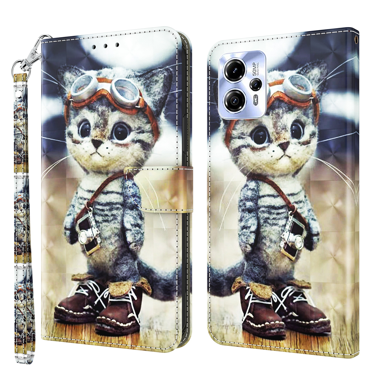 

Für Motorola Moto G13 4G / G23 4G Anto-drop Phone Hülle 3d-muster-druck-flip-brieftaschenabdeckständer Mit Riemen - Stehende Katze, Motorola Moto G13 4G