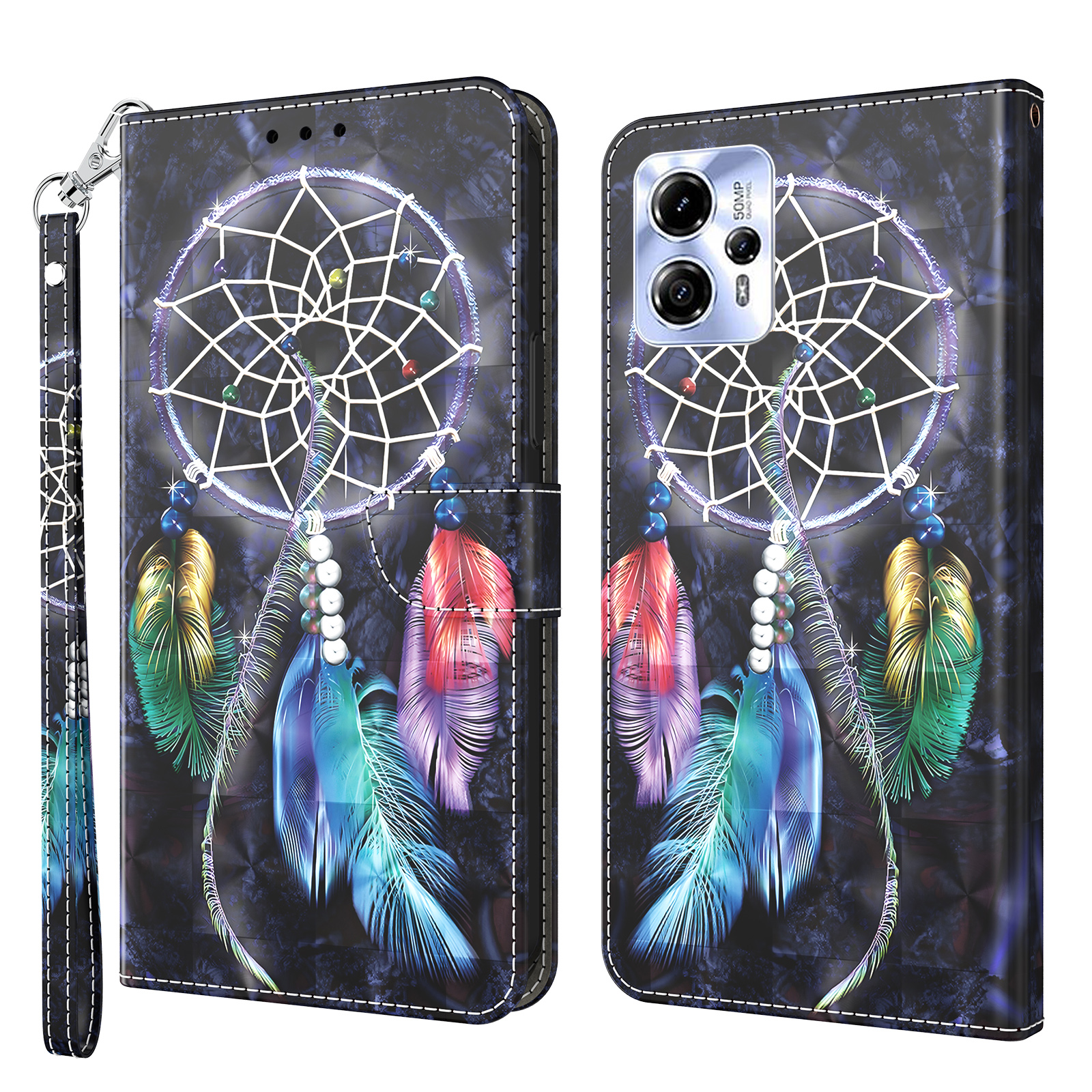 

Für Motorola Moto G13 4G / G23 4G Anto-drop Phone Hülle 3d-muster-druck-flip-brieftaschenabdeckständer Mit Riemen - Traumfänger, Motorola Moto G13 4G