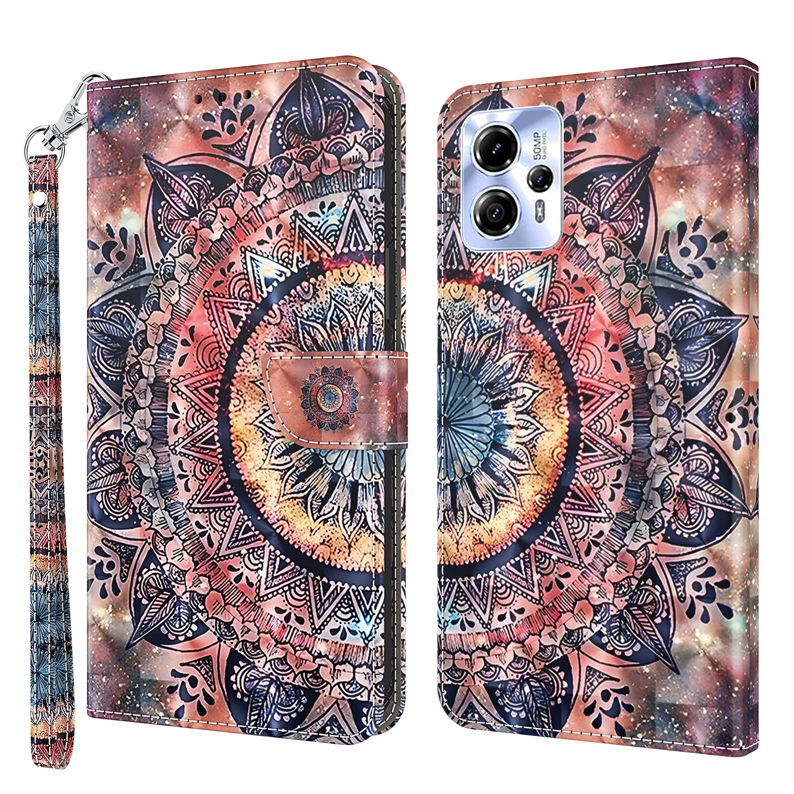 

Für Motorola Moto G13 4G / G23 4G Anto-drop Phone Hülle 3d-muster-druck-flip-brieftaschenabdeckständer Mit Riemen - Farbmandala, Motorola Moto G13 4G
