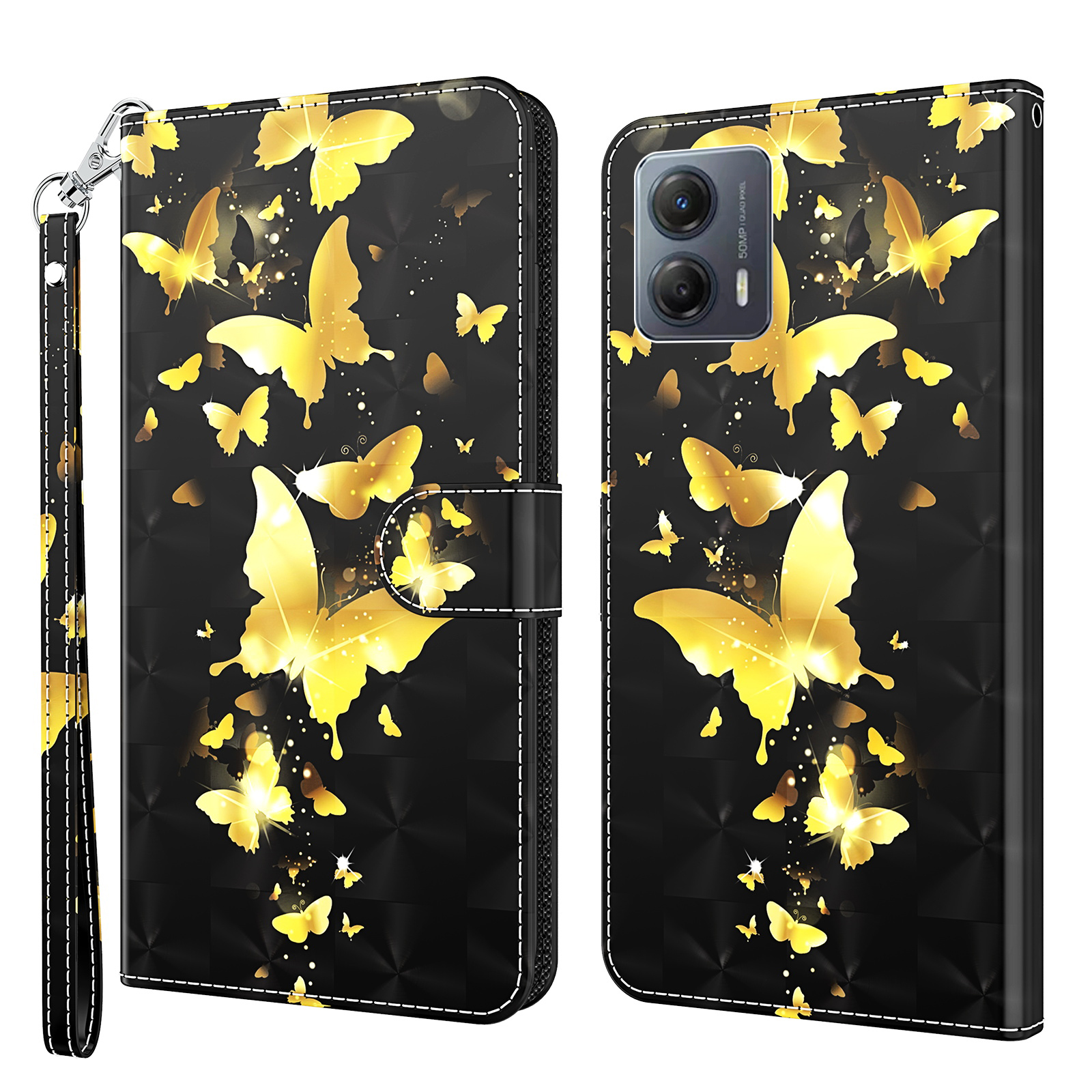 

Für Motorola Moto G13 4G / G23 4G / G53 5G PU Lederabdeckung 3D Muster Druckständer Brieftasche Telefonhülle - Goldene Schmetterlinge, Motorola Moto G13 4G