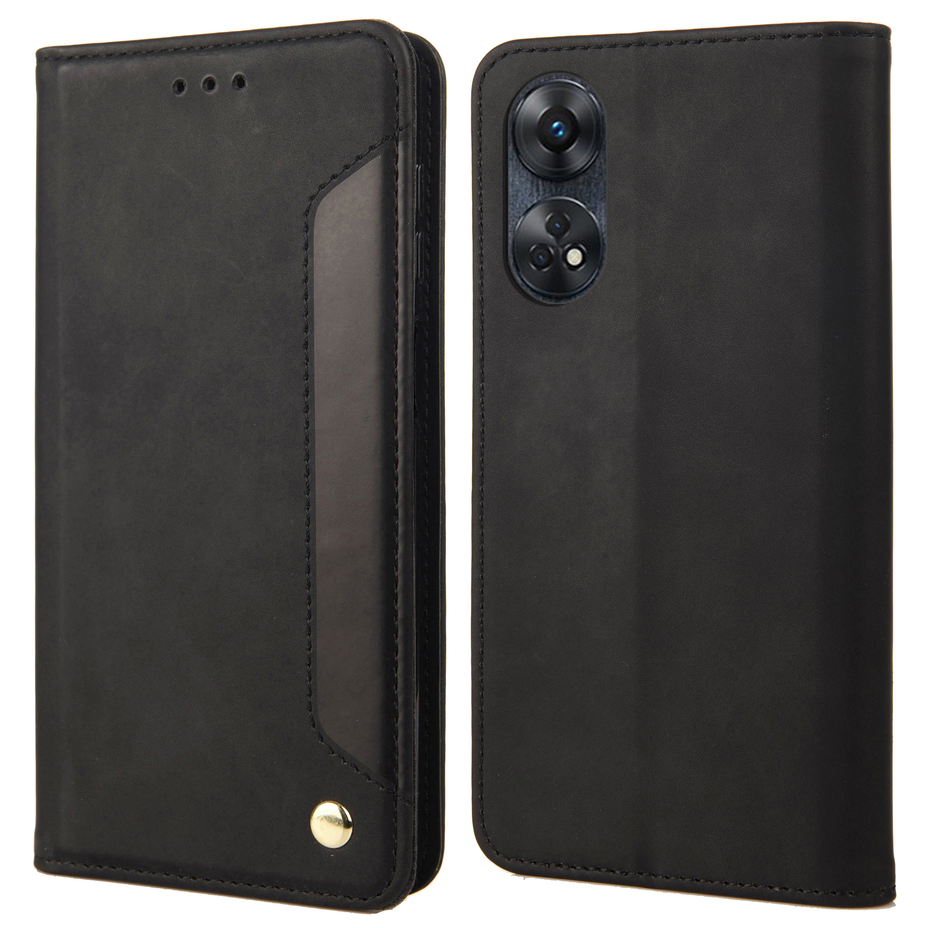

Für Oppo Reno8 T 4G Telefon Brieftasche Hülle PU Leder Farbspleißständer Haut-touch-telefonabdeckung - Schwarz, Oppo Reno8 T 4G