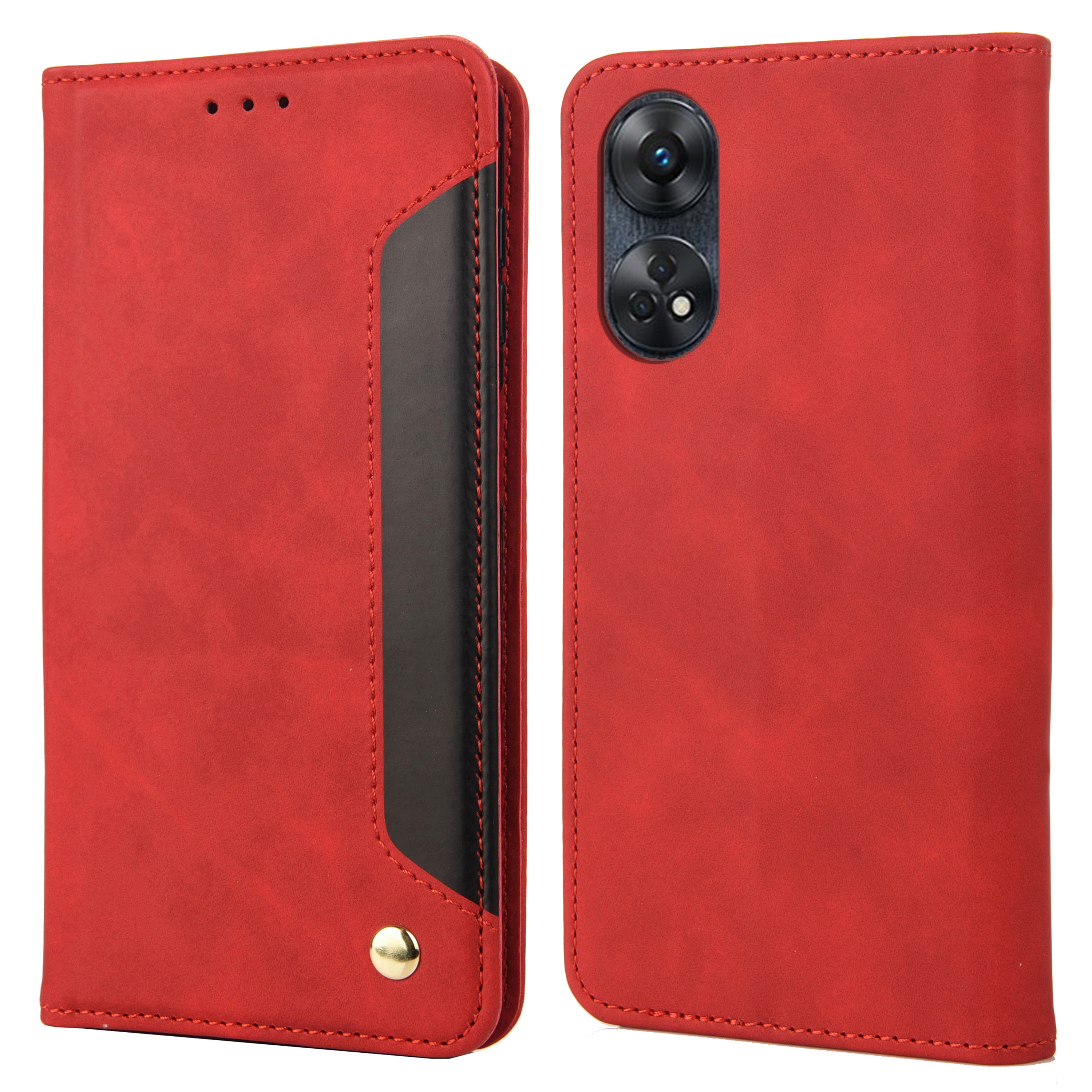 

Für Oppo Reno8 T 4G Telefon Brieftasche Hülle PU Leder Farbspleißständer Haut-touch-telefonabdeckung - Rot, Oppo Reno8 T 4G