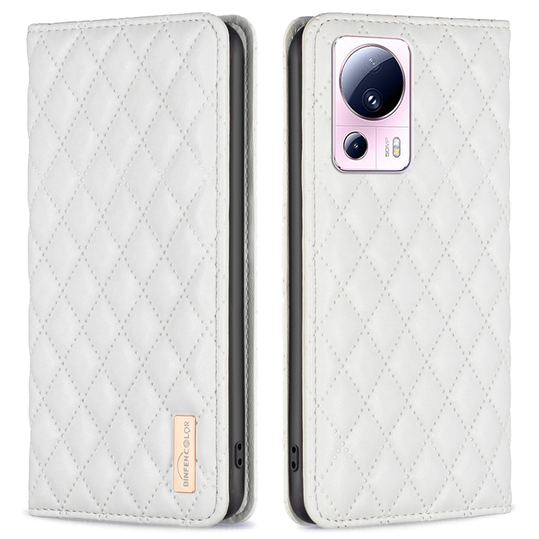 

Binfen Farbe BF Style-16 Für Xiaomi 13 Lite / Civi 2 5G Eingeprägte Rhombus PU Leder -hälfte Kartenhalter Telefonschutzschutz - Weiss, Xiaomi 13 Lite