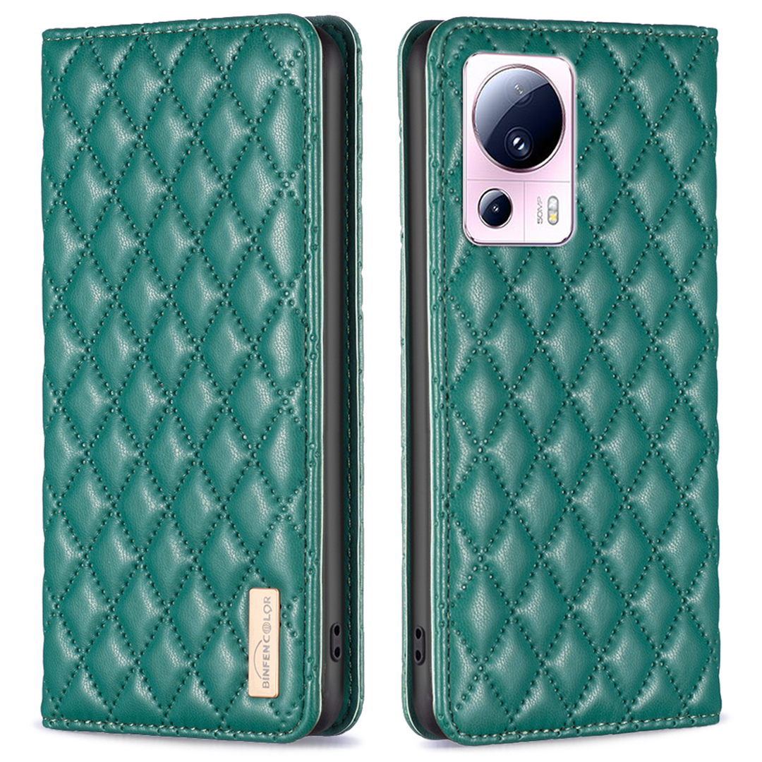 

Binfen Farbe BF Style-16 Für Xiaomi 13 Lite / Civi 2 5G Eingeprägte Rhombus PU Leder -hälfte Kartenhalter Telefonschutzschutz - Grün, Xiaomi 13 Lite