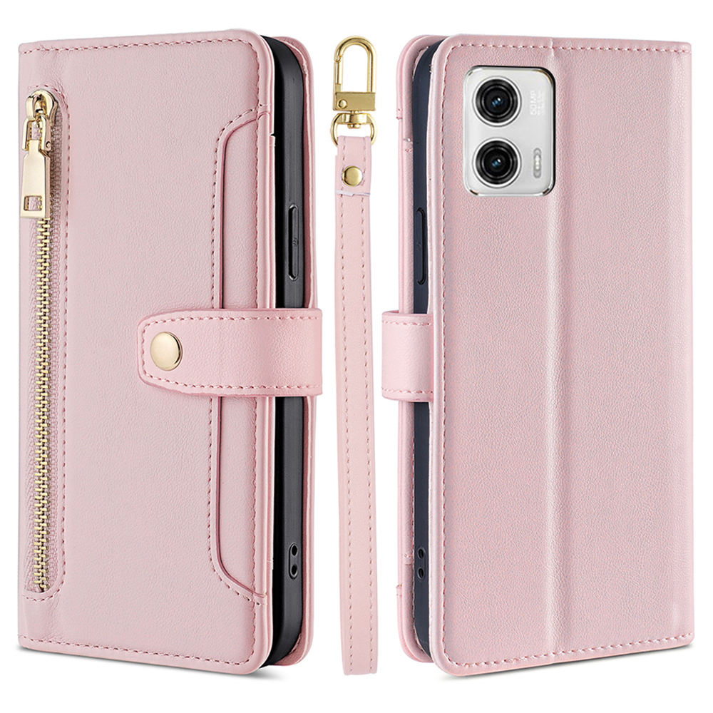 

Für Motorola Moto G73 5G Reißverschluss Pocket Phone Ständer Kartonschlitze Lederabdeckung Mit Gurten - Rosa, Motorola Moto G73 5G