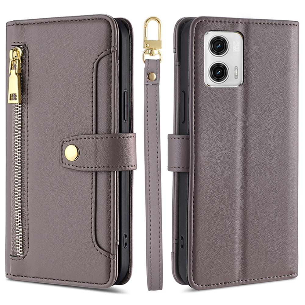 

Für Motorola Moto G73 5G Reißverschluss Pocket Phone Ständer Kartonschlitze Lederabdeckung Mit Gurten - Grau, Motorola Moto G73 5G
