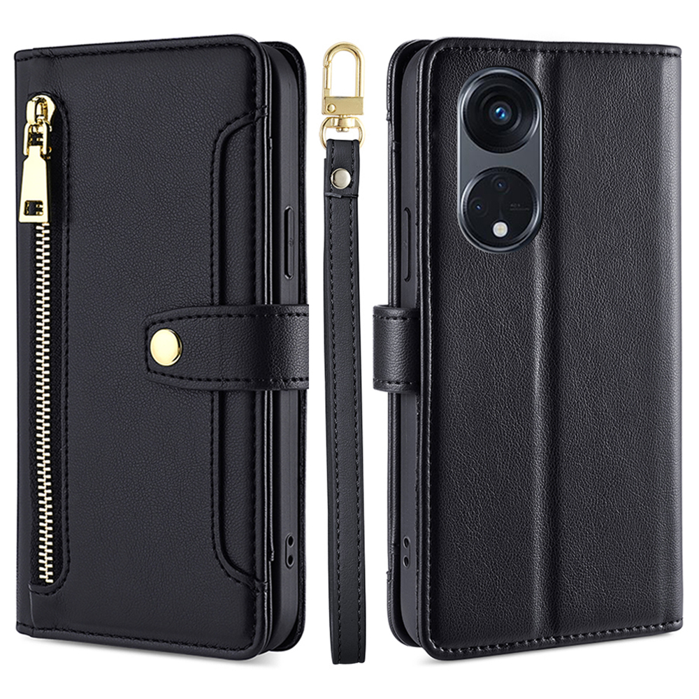 

Für Oppo Reno8 T 5g / A1 Pro 5G PU Leder Telefon Hülle Reißverschluss Pocket Stand Card Slots Telefonabdeckung Mit Trägern - Schwarz, Oppo Reno8 T 5G
