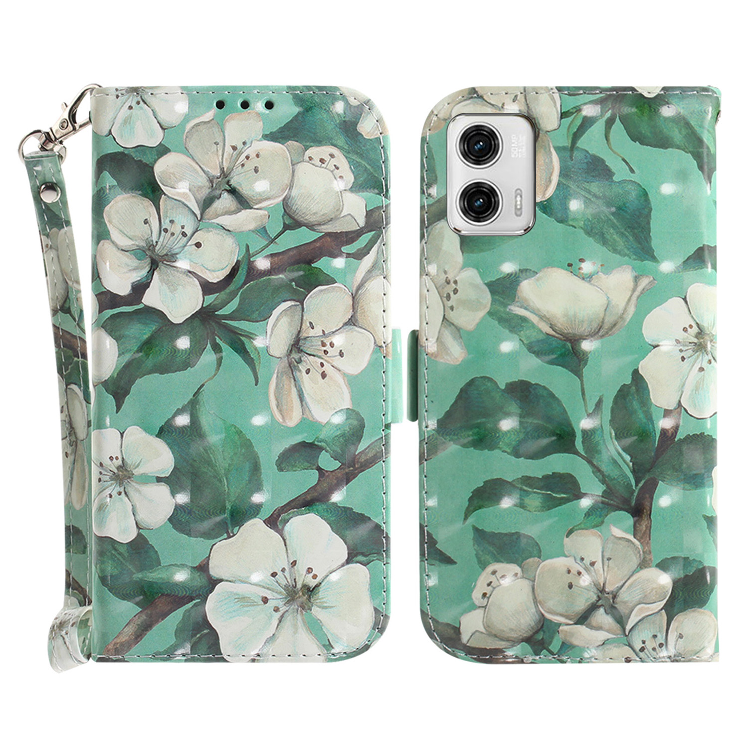 

Leder -telefonabdeckung Für Motorola Moto G73 5G Muster Druckbrieftaschen -telefonständer Mit Riemen - Aquarellblüten, Motorola Moto G73 5G