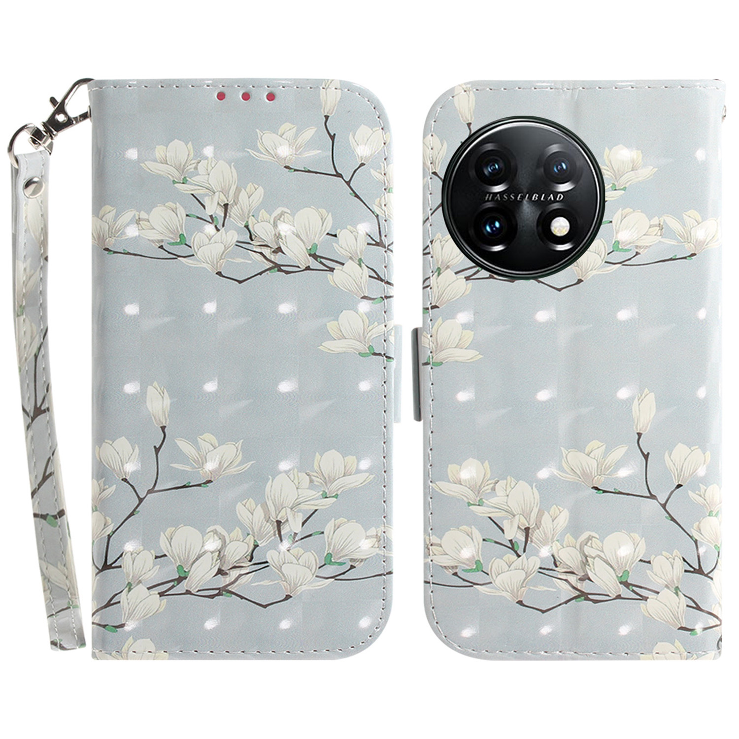 

Anti-drogen-handyabdeckung Für OnePlus 11 5G Muster Druckleder-brieftaschenhülle Mit Riemen - Magnolie, OnePlus 11 5G