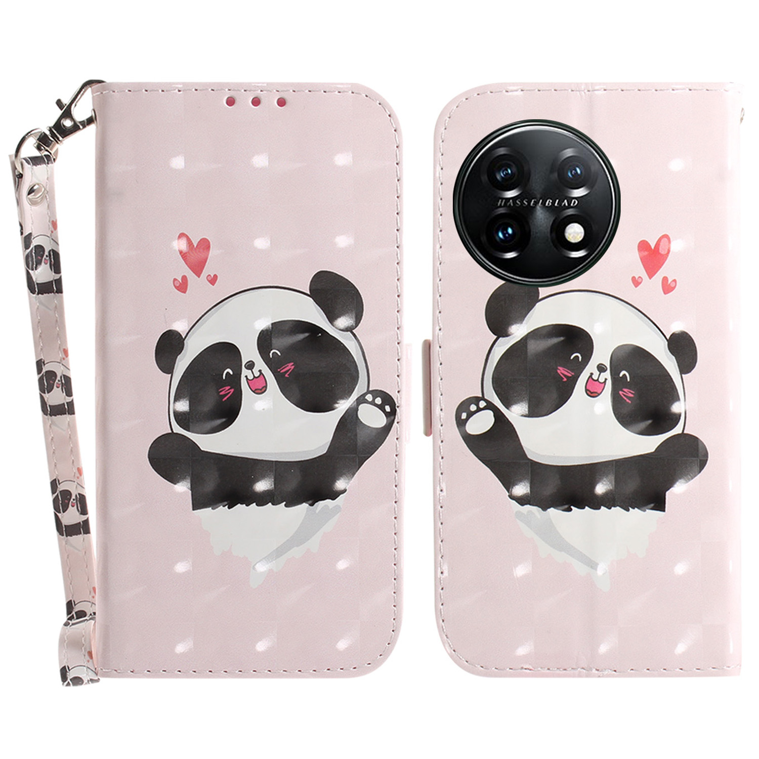 

Anti-drogen-handyabdeckung Für OnePlus 11 5G Muster Druckleder-brieftaschenhülle Mit Riemen - Liebe Herz Panda, OnePlus 11 5G