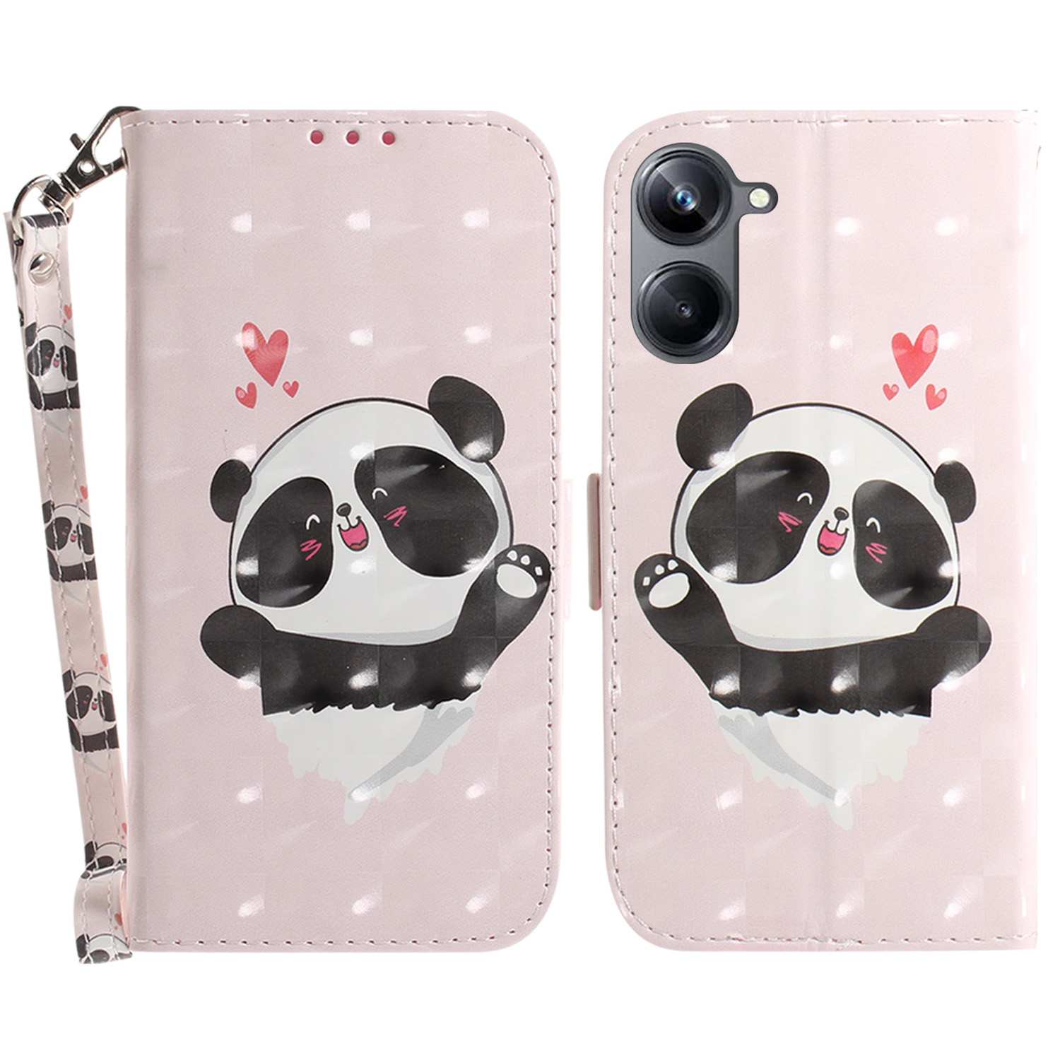

PU Leder Folio Flip Cover Für Realme 10 Pro 5G Schutzbrieftasche Telefonhülle Mit Riemen - Liebe Herz Panda, Realme 10 Pro 5G