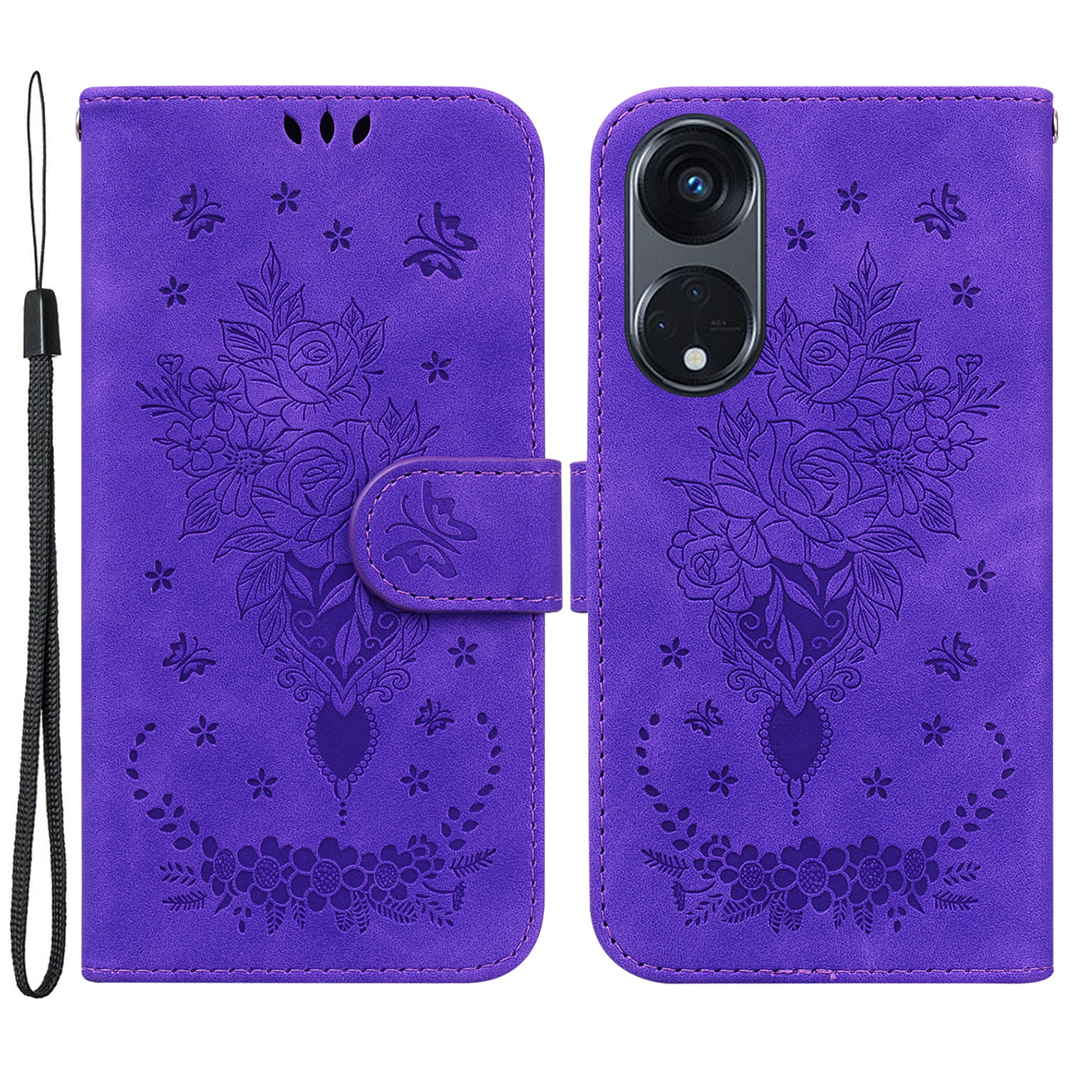 For Oppo Reno8 T A1 Pro Stand Phone Cover Rose Butterfly Imprinted Wallet Leather Case - Purple