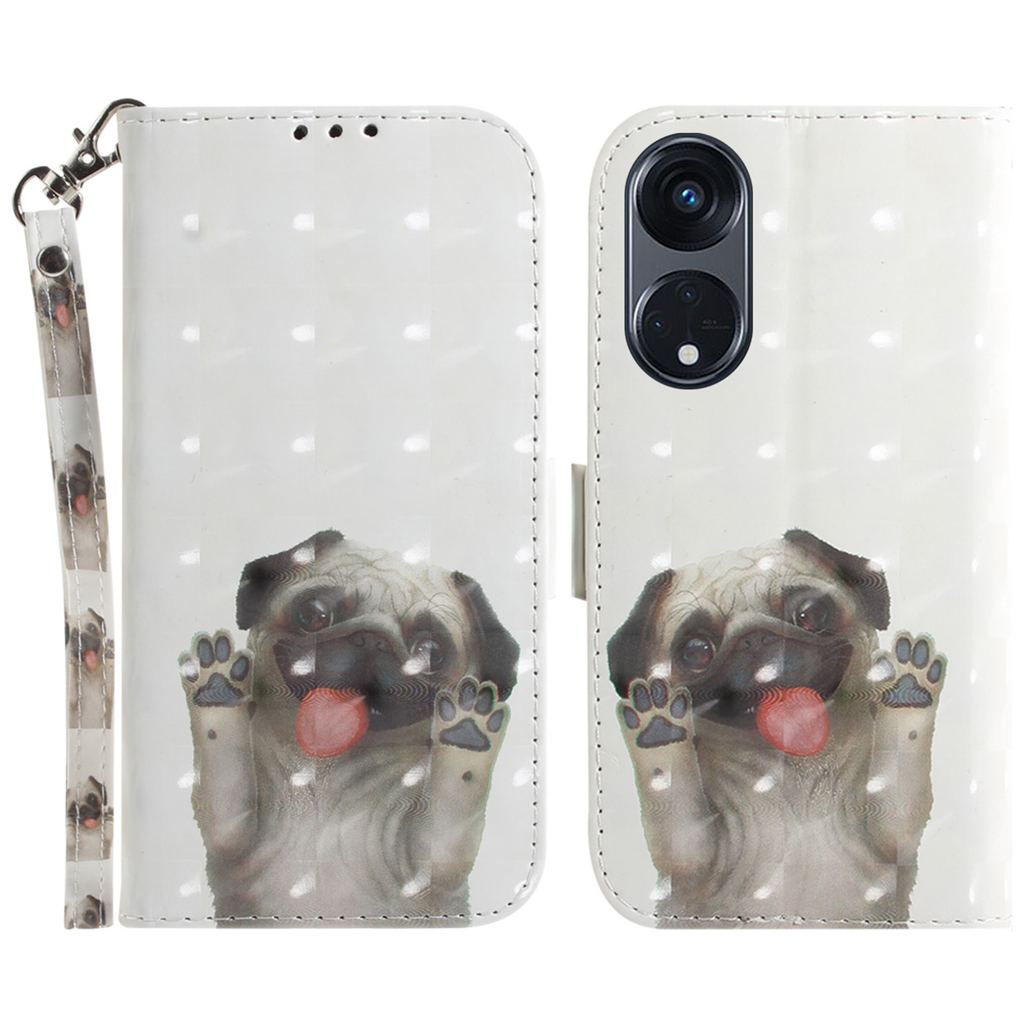 

Für Oppo Reno8 T 5g / A1 Pro 5G Wallet Leder -handy -häuse -muster Druck Telefonständer Mit Riemen - Mops, Oppo Reno8 T 5G