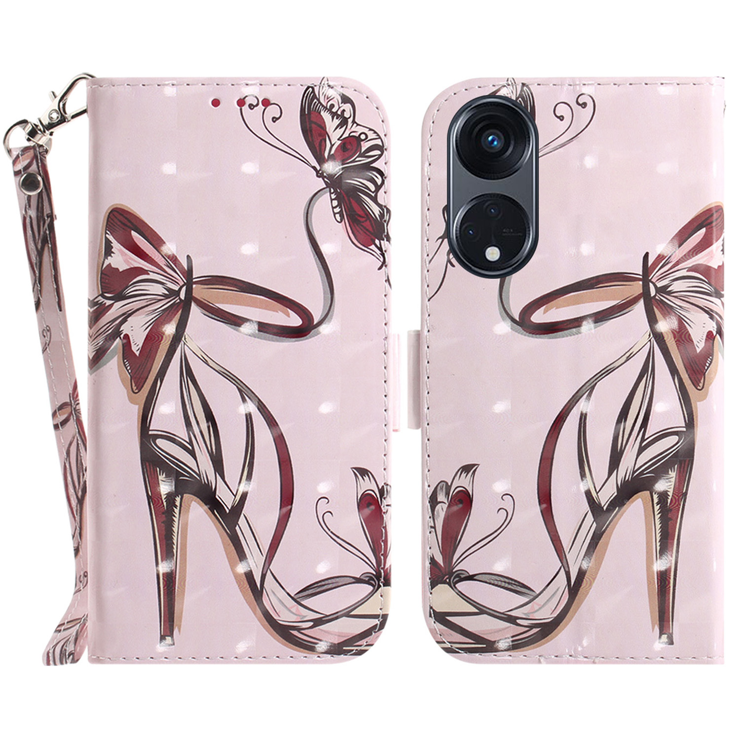 

Für Oppo Reno8 T 5g / A1 Pro 5G Wallet Leder -handy -häuse -muster Druck Telefonständer Mit Riemen - Butterfly High Heels, Oppo Reno8 T 5G