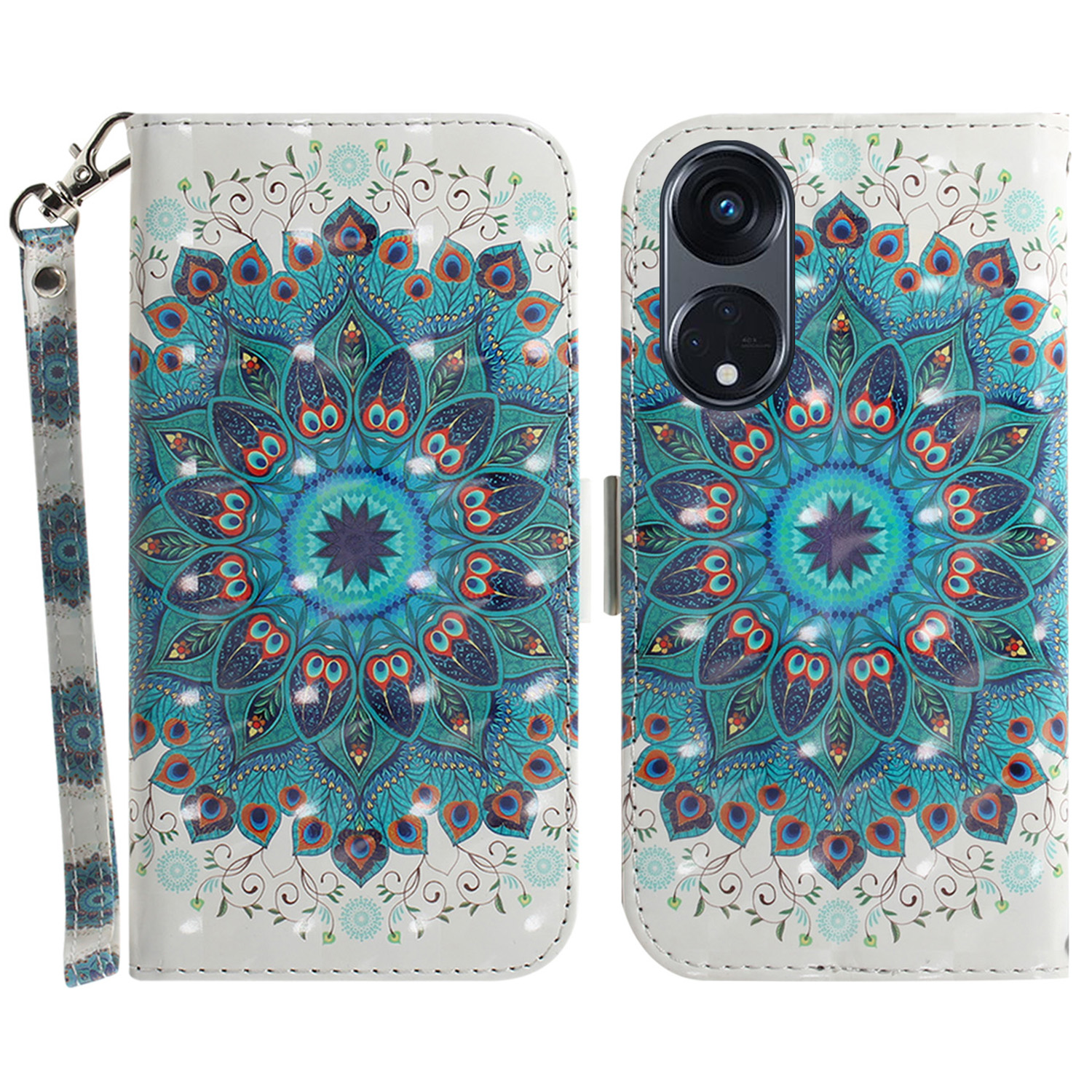 

Für Oppo Reno8 T 5g / A1 Pro 5G Wallet Leder -handy -häuse -muster Druck Telefonständer Mit Riemen - Pfauenkranz, Oppo Reno8 T 5G