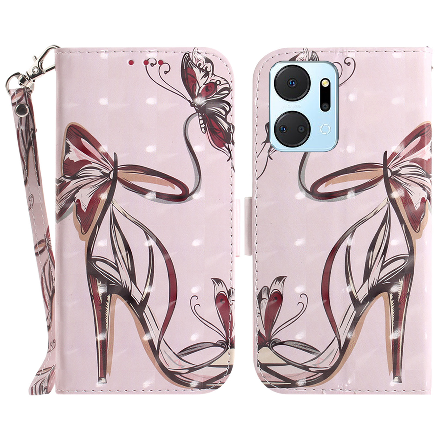 

PU Leder Hülle Für Ehren X7a 5G Schutzhülle Brieftaschenhilfe Mit Riemen - Butterfly High Heels, Honor X7a 5G